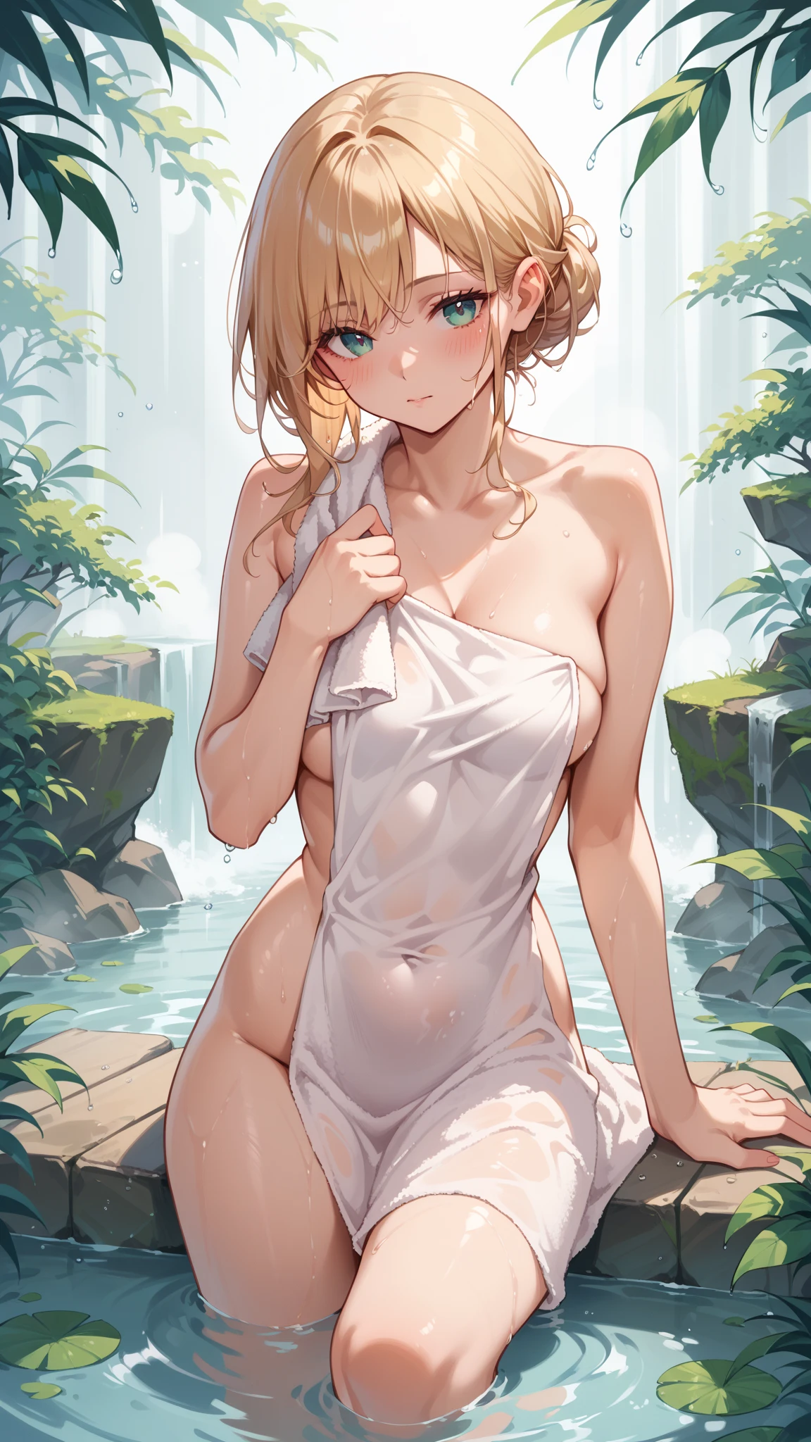 intricate details, finely detailed, <lora:Add Detail:0.4>, (masterpiece), best quality, high resolution, highly detailed, detailed background, thin, small size, green eyes, large breasts,waterfall, wet body, jungle, vine, moss,  naked, determined, smile, under the water fall, head back, hands on hair, perfect little ass, from below