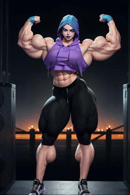 ((Close-up)), tall, (violet purple hair) beautiful muscular woman, long hair with long bangs, pale white skinned, closed smile, large breast, (black lipstick), (massive muscles), (hyper muscle), ((ginormous bulky muscles)), black eyes, ((violet football Jersey)), (football jersey pants), choker, boots, in a football field at night,