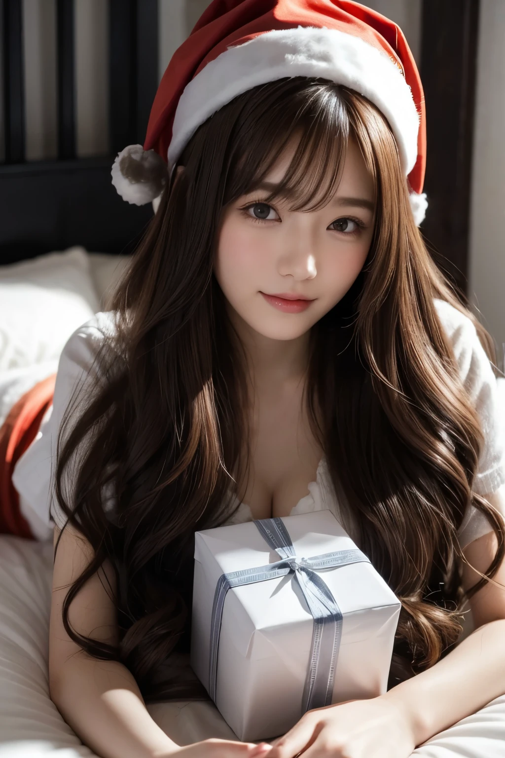 winter night, lying down on the bed, a girl dressed as Santa Claus hat, lots of gift boxes, fidgeting, with a shy smile, blushing, wavy long length hair, pale orange and brown hair, pompadour hairstyle, twisted bangs, beautiful white-colored translucent skin, slendar figure, adult sexiness, alluring, glossy face, cold and shivering, {realistic}, {cinematic}, {photogenic}