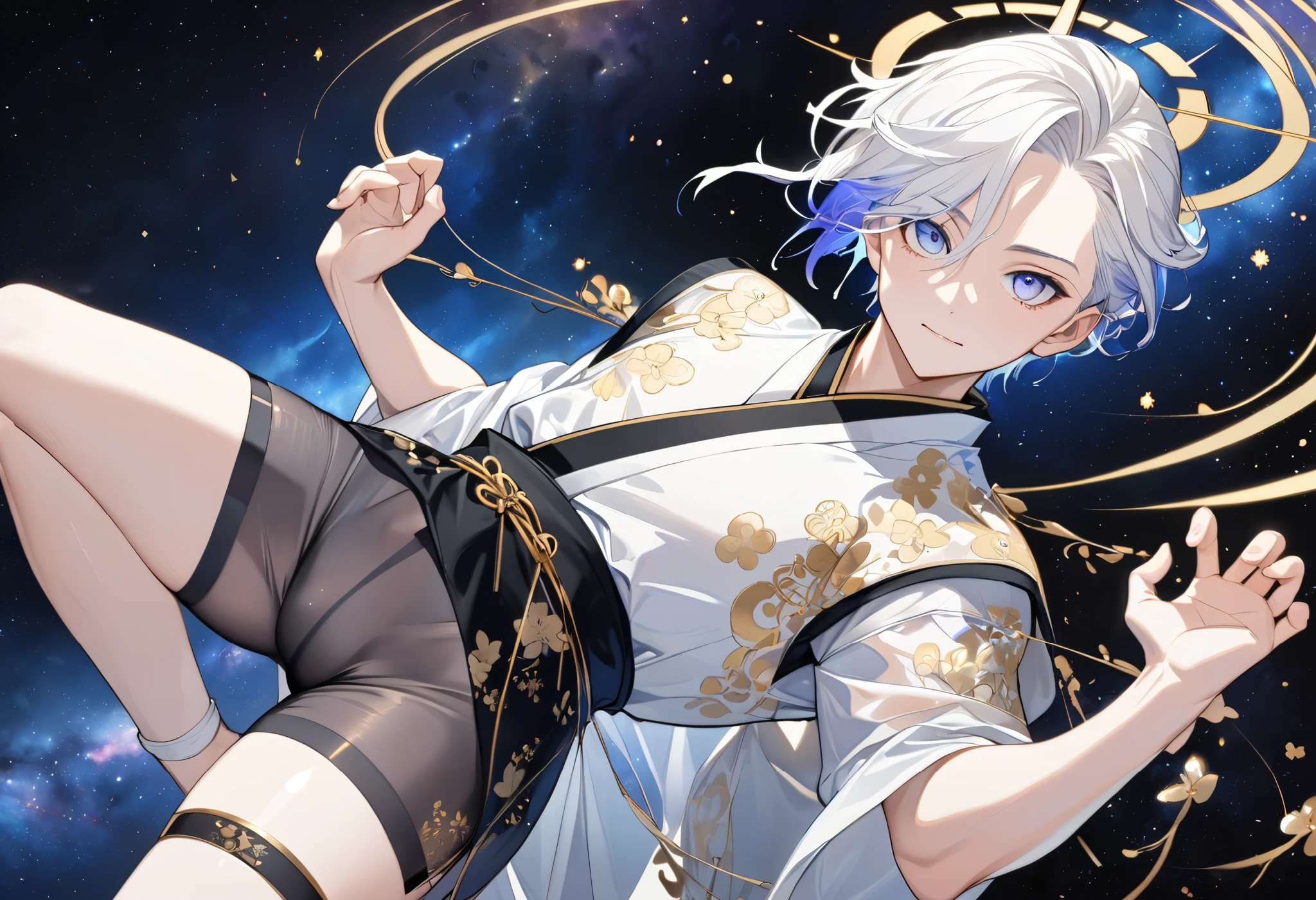 Fresh illustration,
Ultra-fine drawing,
Very delicate illustration,
Very fine details,
One boy,
Full body,
Height 158cm,
Fair skin,
Right eye is purple,
Left eye is blue,
Odd eyes,
Heterochromie iris,
Beautiful eyes,
Large black pupils,
Cleanly cut hairstyle,
Slicked back hairstyle,
Short hair,
Shiny hair,
Blue roots and white hair elsewhere,
Hair with a gradient,
Cute face,
Pretty face,
Shiny halo on the back of the head,
Raised eyebrows,
Kimono upper body,
Japanese clothing upper body,
Masculine build,
Six pack,
Very small breasts,
No breasts,
Chinese dress lower body,
Black obi,
White clothes overall,
Tastefully embroidered with gold thread,
Clothes with a high-quality texture,
Jo straps,
thigh straps,
thigh straps digging into skin,
white long boots,
Japanese style toes,
five fingers and toes,
thin waist,
thin legs,
isometric,
golden ratio,
divine atmosphere,
wearing an indigo-collared inner,
outer space,
galaxy,
countless small stars,
tactical use of shadows,
free pose,
sexy pose,
exposed skin,
naughty pose,
adult pose,
lewd appearance,
looking at camera,
buttocks facing camera,
pervert,
see-through clothes,
masochistic pose