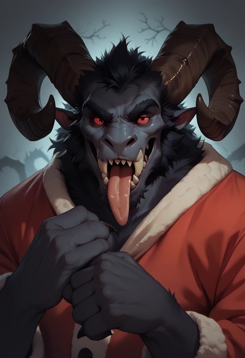 A dark and detailed portrait of Krampus in a Santa Claus costume.  He has big, twisted horns like those of a ram ,  bright red eyes and a long, meandering tongue .  His body is covered with thick black fur , with sharp claws in his hands, large, monster, demonic,creepy,dark