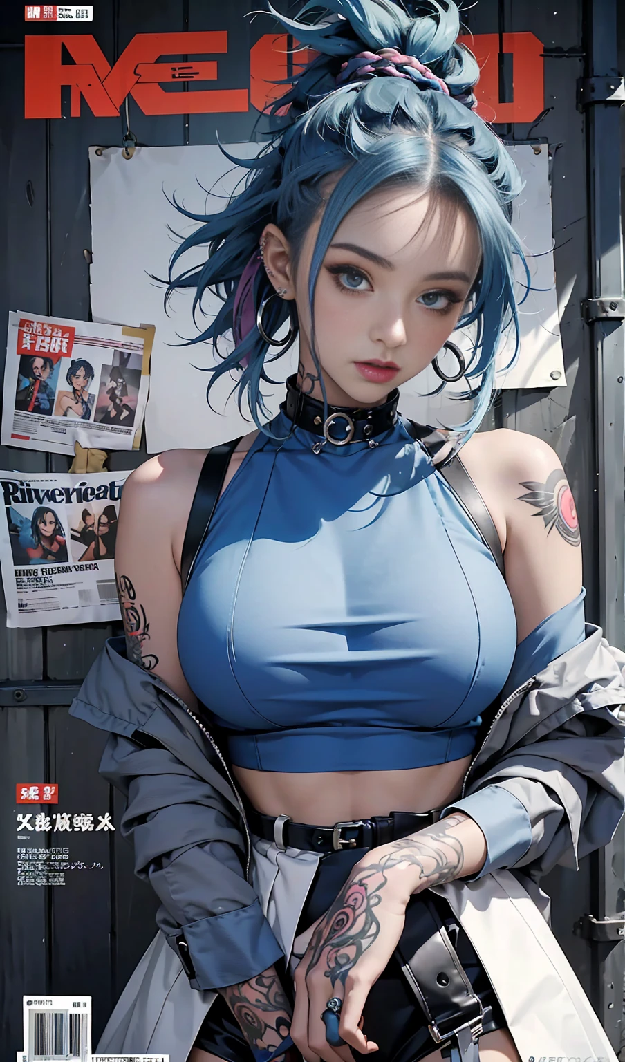 (obra-prima:1.3), (8k, Photorealistic, Fotografia crua, Qualidade de imagem superior: 1.4), High school girls in Korea、night street light background, (Random hairstyles:1.2)、decote do peito:3、Rosto super detalhado、Olho de detalhe、Double eyelid、Junte seu peito、sharp focus:1.2、mulher bonita:1.3、cabelo azul、short hair:1.4, hidden hand:1.5, kim yoohyeon, Maximum quality、obra-prima、Super high resolution、(Photorealistic:1.4)、Highly detailed and professional lighting smile、Malhas soltas e leves、Ombro para fora、delgado、serious facial expression、cabelo curto、Fatal position, jaqueta de couro, decote:3, midriff1.5, white asian skin, sacada, olhar serio, thunder in background, thight dress:2.