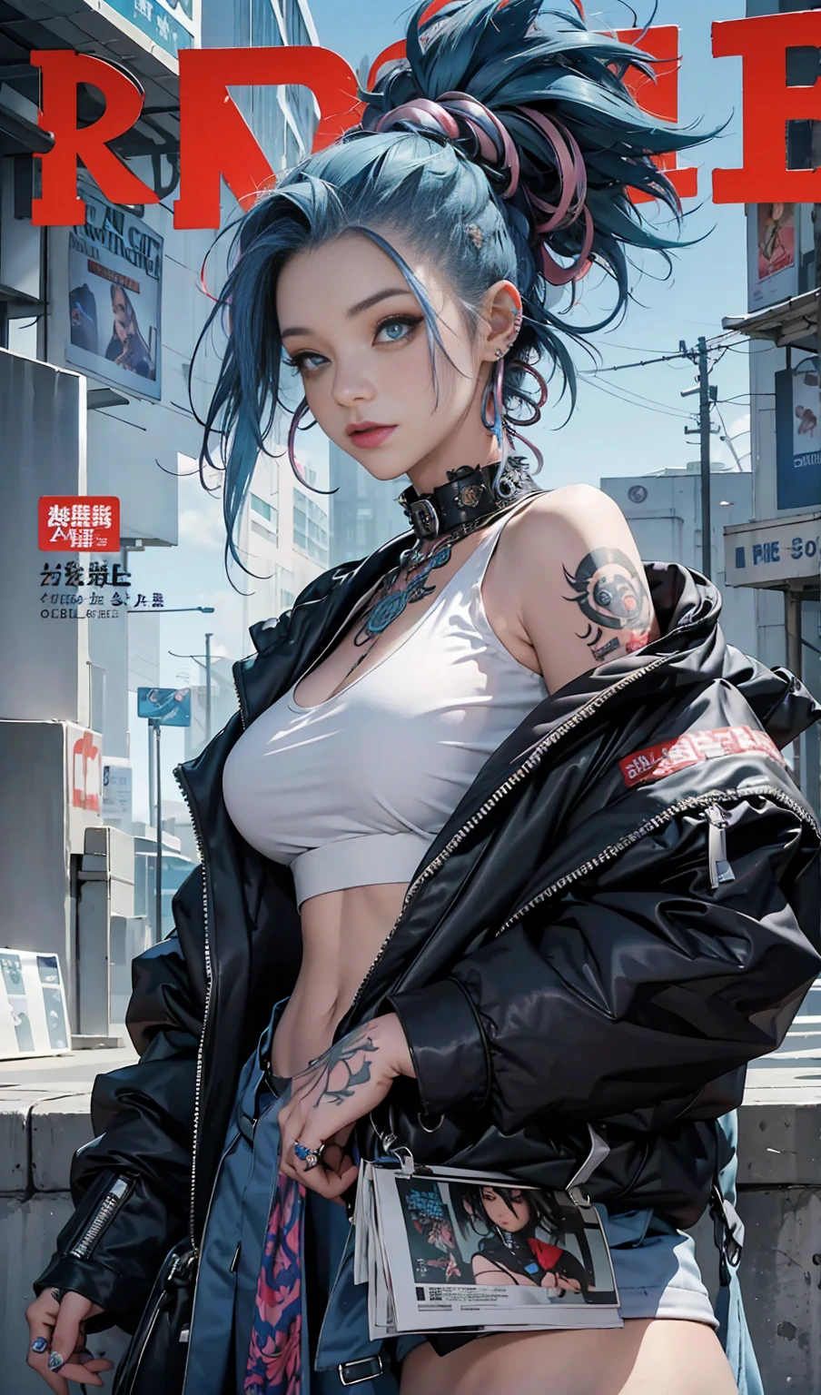 Best quality, Works of masters, A high resolution, 1girl, Super beautiful face, super beautiful eye, Super beautiful blue mohawk hair,(MagazineCover:1.2),Trendy Harajuku-inspired rock outfits,Expose shoulders, tons of tattoos and piercings, accentuated super huge enormously gigantic nude tits and nipples exposed