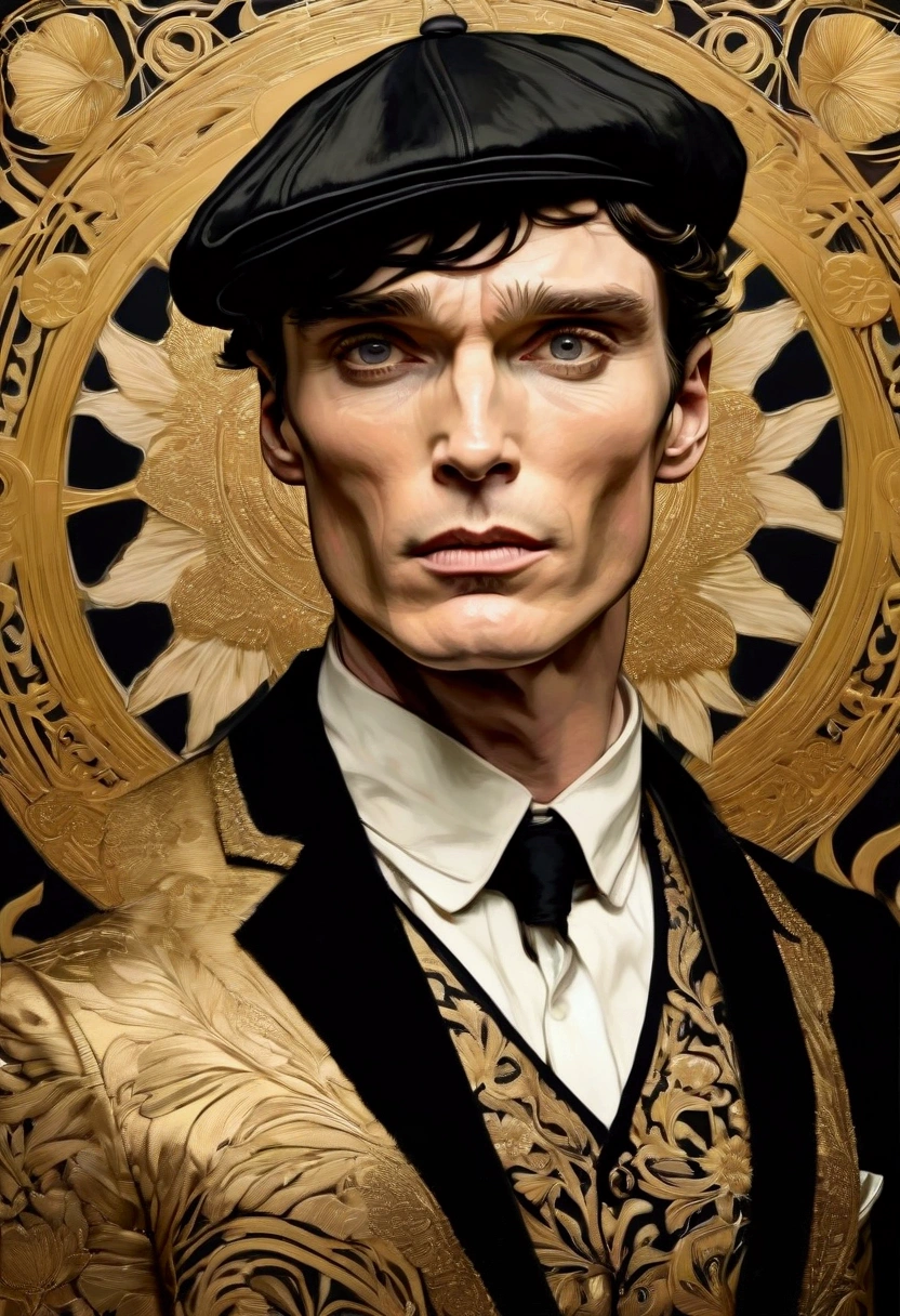  Cillian Murphy ,rough appearance, and sharp intensity of  Cillian Murphy 's face.ccxl-mucha, Tomás shelby Art style, gold and wite , retrato,elegant style 1920,Wearing a vintage black flat cap with a textured fabric opaco, obstrullendo un poco su mirada,adding a touch of classic British style.angry look,genera miedo su mirada,,rude,angry