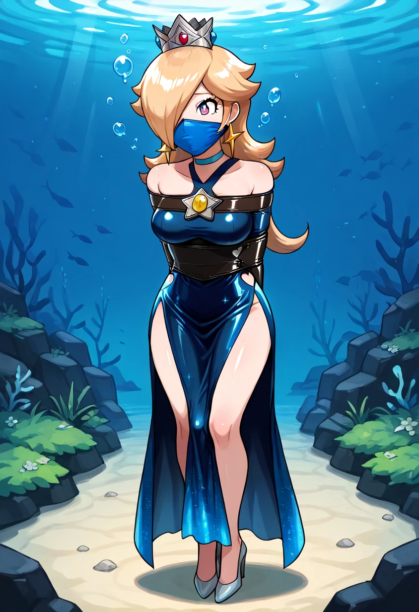 score_9, score_8_up, score_7_up, 1girl, Lora:Rosalina_XLPD:1,  (RslnSND, hair over one eye, crown, blue dress, bare shoulders, side slit, clothing cutout, choker, cleavage cutout, pelvic curtain, high heels, full body,  shiny dress, dark blue dress), wossarem style , ((Open eyes, heart shaped pupils, blushed)), shiny skin, (full bodies in view) , perfect proportions, underwater, underwater drown. standing, chest bound, bound arms, (arms behind back: 1.4), , (armbinder: 1.4), (front view), , free legs, free feet, Open legs.  G4G, mouth under mask,
, tight black cloth gag,
Expressive Cloth gag, (front view), complete body view, looking to the camera.