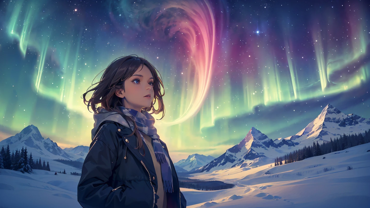 ((( top quality , 8k, masterpiece: 1.3)), (( top quality )), ((masterpiece)), (  Details),  perfect face,  perfect body, (  Details skin:1.3), (複雑な Details),  French woman in her 20s enjoying a trip to the Nordic region ,  stands under auroras breathing in the night sky .  she has dark hair that stretches to her shoulders 、 wears stylish winter clothes ,  wears a warm hoodie ,  scarf, gloves, Perfect for the cold arctic climate .  The bright green and purple colors of the auroras illuminate the snowy landscape,  magical like a dream The atmosphere is created by a .  she looks up with surprise ,  Her face is gently illuminated by shining light .  contains vast snowy scenery , Distant Mountain々,  and a small wooden hut shines faintly in the background ,  adds a pleasant atmosphere to the vast wilderness 