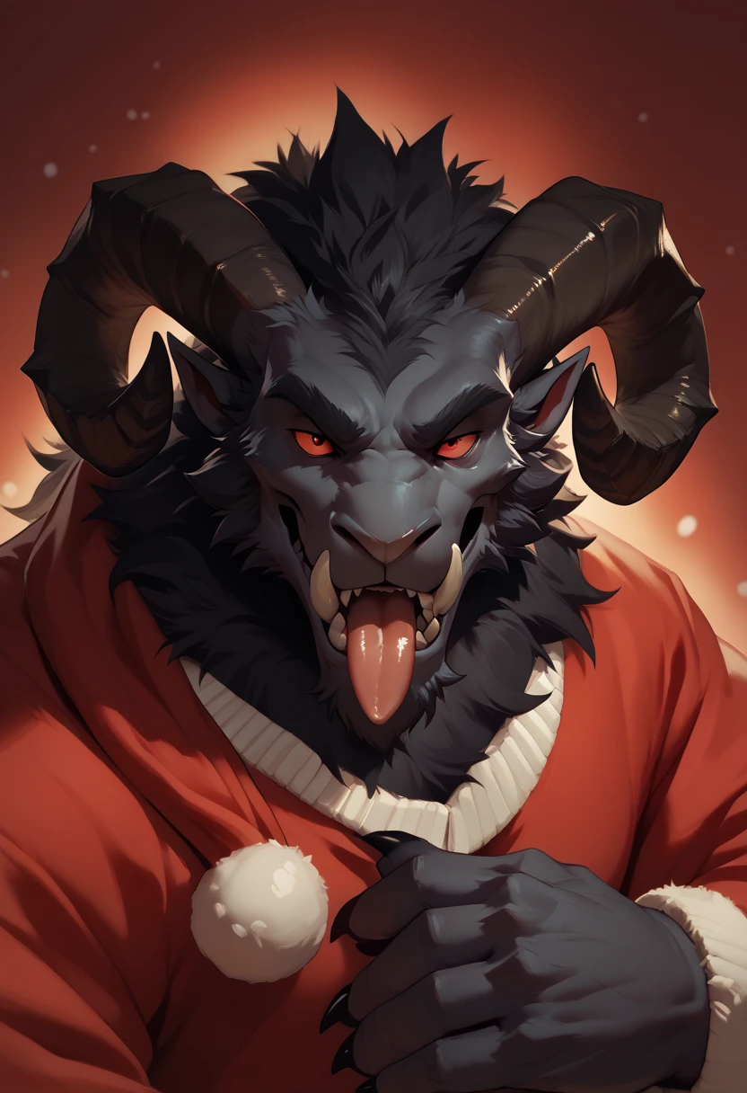 A dark and detailed portrait of Krampus in a Santa Claus costume.  He has big, twisted horns like those of a ram ,  bright red eyes and a long, meandering tongue .  His body is covered with thick black fur , with sharp claws in his hands, large, monster, demonic,creepy,dark