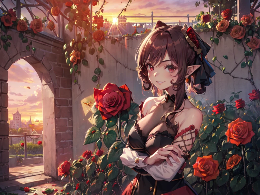 (Solo:2), (Young Woman:2), (Long Pointy Ears, Big Head, Very Large Breasts, Emphasis on Breasts), (Smiling, Looking at Camera), (Headband), (Red Rose Garden in Castle:2), (Sunset:2), (Focus on Breasts), (Accurate Body Structure, Accurate Hand Structure, Accurate Finger Structure, Short Fingers, Short Arms, Short Legs), (3D, Very Fine Lines, Carefully Drawn, Amazing Artwork, Top Quality, High Resolution, 8K, Detailed, Delicate)