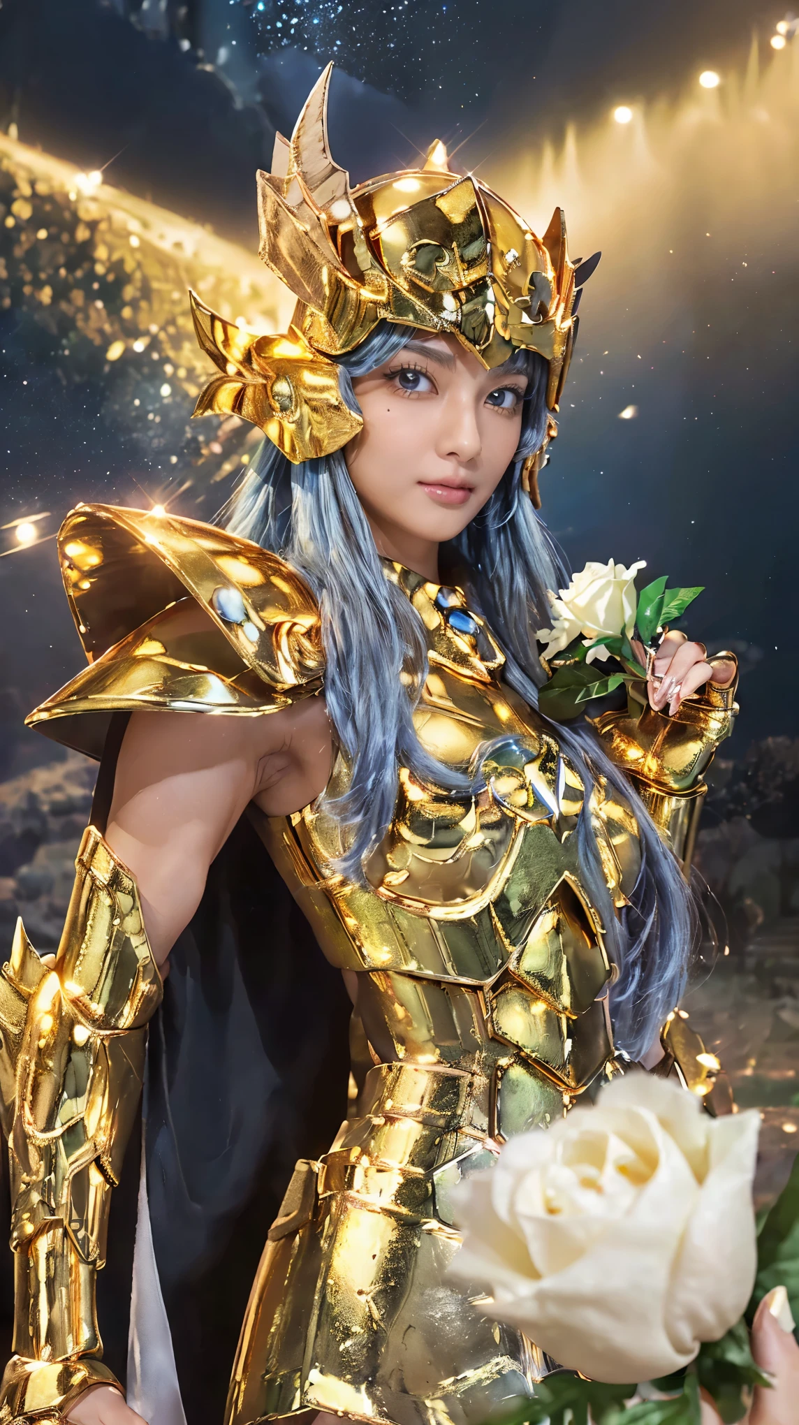 ((( a mole under the outer corner of your left eye))),(( 1 woman ))) ((Beautiful woman like a goddess)), ((( Sparkling golden metal armor ))),  Ultra realistic photo shoot with cutting-edge details, Greek ruins in the background,Saint Seiya Armor, (((Cancer Armor))), ((Long, thin, beautiful eyes )), Every detail, 美しい face with details, walking at the  ancient Greek ,  ancient Greek ,  super high res, 8k,  Milky Way, Night Sky, (( wear a golden metal helmet)),  Armor , (( light blue hair)),(( holding a white rose in your hand)),((whole body)),((( a mole under the outer corner of your left eye))),(( red rose petals scattered on the ground )), dynamic pose 