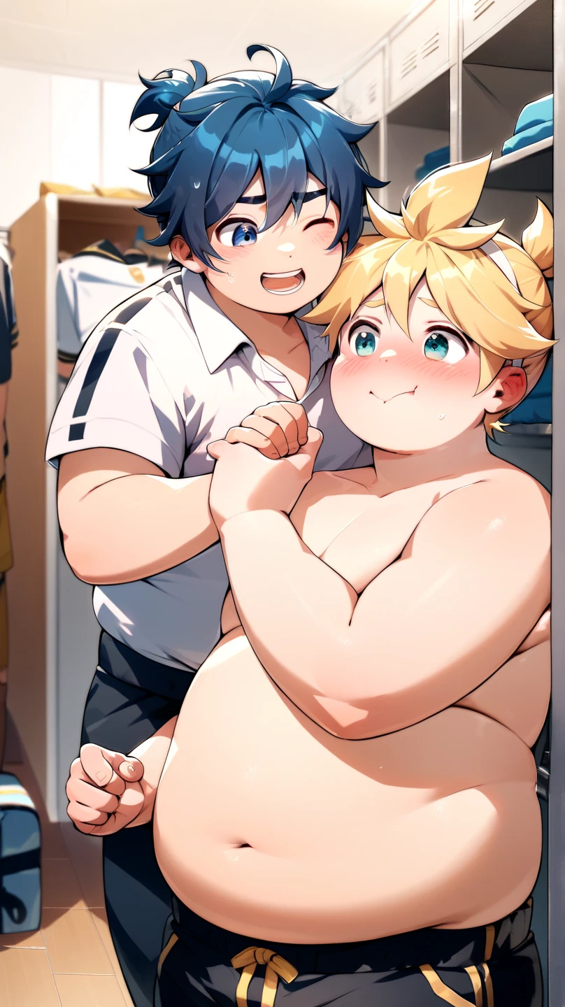  2boys, (yaoi couple), (male ren), (duo focus), standing in the changing room, facing another, Break, Kagamine Len, obese, cute, shirtless, chubby body, fat and obese, face blushed, embarrassed, Break, blue hair color, school uniform, round cheek, chubby belly button exposed, smiling, rubbing other belly