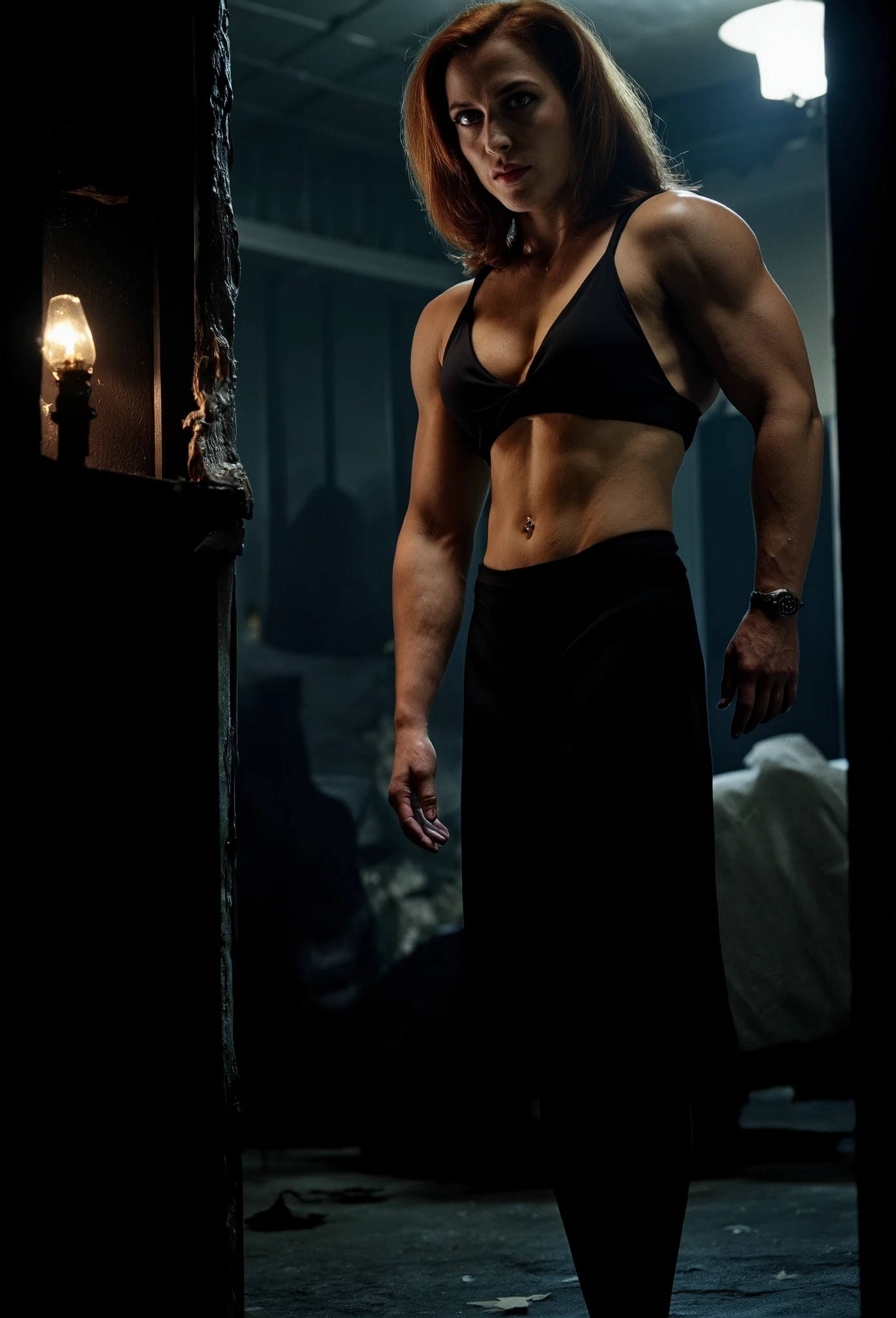 Photo realistic, movie still, Dana Scully, seductive, she is wearing a black professional skirt, high heeled shoes, muscle girl, MuscleMommy, one hand leaning against door, dynamic pose, Asymetric pose. She wears a black bra revealing her (defined 6 pack abs) and sexy cleavage. She stands in a decaying motel room, very dark lighting, only light source is a small bedside lamp, highlighting her (visible muscles), (biceps )and 6 pack (abs), delts/shoulders, tiny waist. View from below