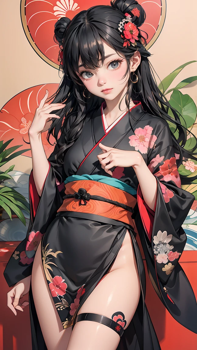 superflat, flat colors, 1girl, 19yo, slim, (medium breast), long bright hair, (ornate red leaves kimono), topless, nipple, standing, shy, winrer leaves, white, silver, winter forest, vibrant colors, psychedelic, vibrant, bright, watercolor