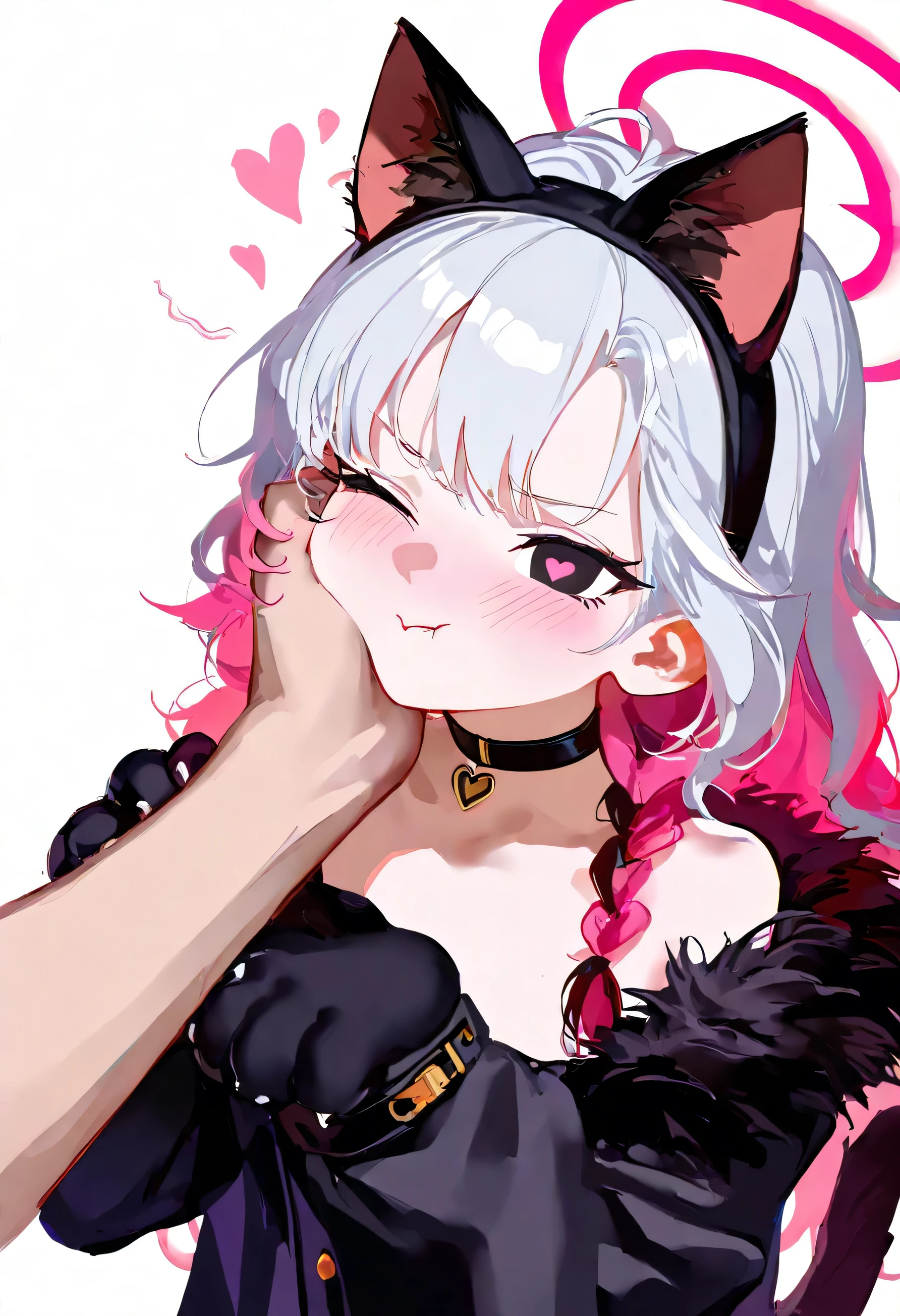  masterpiece ,  best quality, good quality, A lot of awa ,  Nyalia bunny clothing , 
1 , animal hands,  animal ears , the plan \(blue archive\), Heart, halo, mãos de throw,  black eyes,  Paw Shezfe  ,  cat ears, throw, shezfe ,  black hair band,   long hair, crushed cheek, hand on another's face, hello red, cat paws,  hand on the cheek of another , black  choker , fur trim, hairband,  Symbol-shaped pupils,  one eye closed ,  colored inner hair , Braid, About an eye,  multicolored hair ,  choker ,  looking at the viewer, single Braid, Solo Focus, pink hair,  white background,  white hair, fake  animal ears ,  simple background , Heart-shaped pupils, Blush, red pupils, 1 boy,  upper part of the body,  with your mouth shut, pink pupils, Rosa hola , tail,  pressure on the cheek , cat tail, Black Shezfe  , Another , two-tone hair,  alternative costume, to smile,  animal ears  fofas, sensei \(blue archive\), black coat,  gray hair ,  long sleeves , Pout, 
