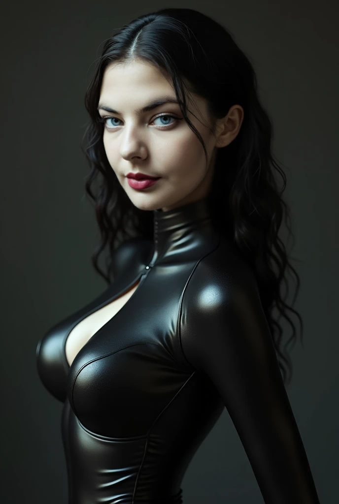 score_9, score_8_up, score_7_up, BREAK, 1girl, female focus, goth, curvy, black lips, latex jacket, latex clothes, very tight latex clothes, stealth suit,medium breasts, looking superior, powerful touch, green eyes, smirk, flashing her breasts, heavy saggy breasts, wet breasts, pressed breasts, saliva trail on breasts,very arched back, thin waist, very fat large ass, pornstar,backlight, rim light, dark contrast, silhouette, trasparent bra, plastic bra, some parts of suit are trasparent,