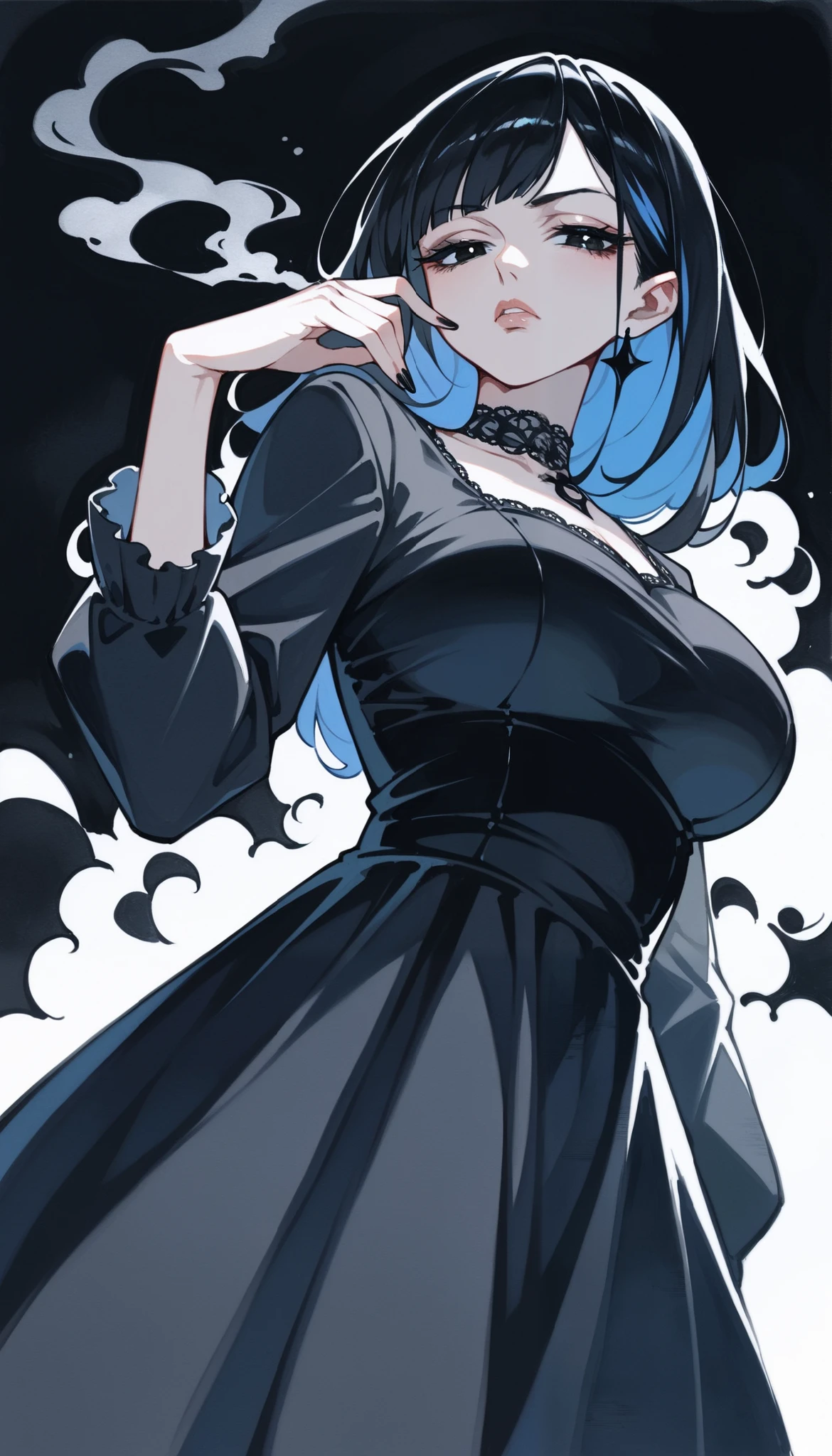 Anime-style illustration from the waist up, composition peeking out from below, long straight hair in navy blue to indigo gradient, large H-cup breasts, large droopy blue eyes, black turtleneck dress, simple long navy blue skirt, hands on hips, bending over, simple daytime blue sky in background