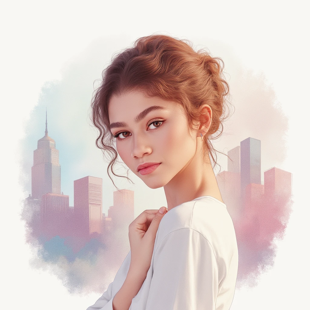 young lady, (slim:1.3), elegant simplicity, minimal detailing, limited vibrant color palette, serene expressions, peaceful introspection, watercolor metropolis background, subtle washes of pastel colors, modern Nordic design, understated elegance, simplicity and purity, tranquil atmosphere, digital painting, ultra fine.