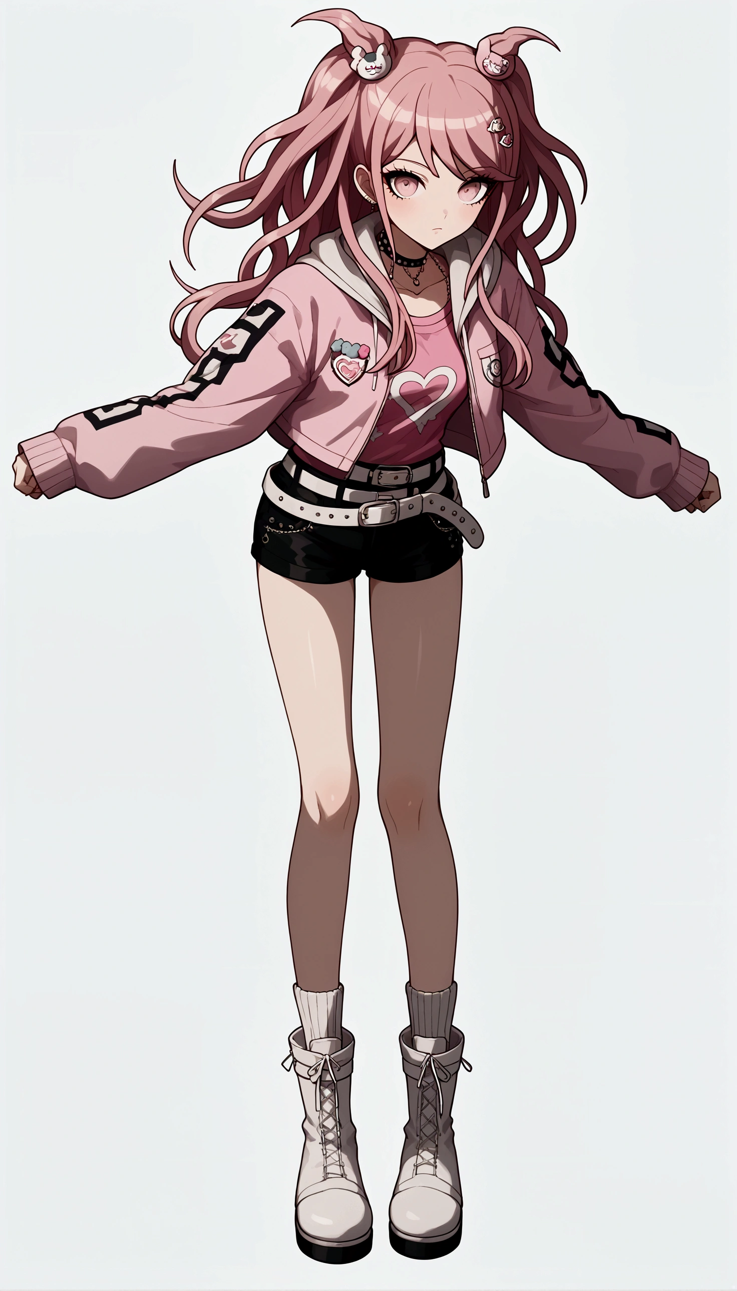  anime girl with pink hair and a pink shirt with drawings of two twin pigtails,  Hair ornaments , big, clear eyes, hair in the wind,  long white boots , long belt ornaments ,  cheerful and colorful background ,  and black shorts , anime  full body illustration , Chiaki Mi from Danganronpa,  Official Character Art ,  full body model of anime vtuber , candy girl,  candypunk character design ,  Full body individual character , Yayoi Kasuma, anime character,  full body illustration , Danganronpa digital art