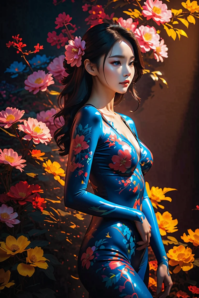 a beautiful korean female model, intricate body painting, elegant posing, dramatic lighting, high quality, 8k, chiaroscuro, cinematic, dramatic shadows, glowing skin, lush colors, dreamlike atmosphere
