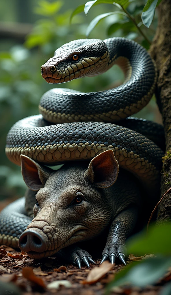 Big snake graping rhino dead around blood