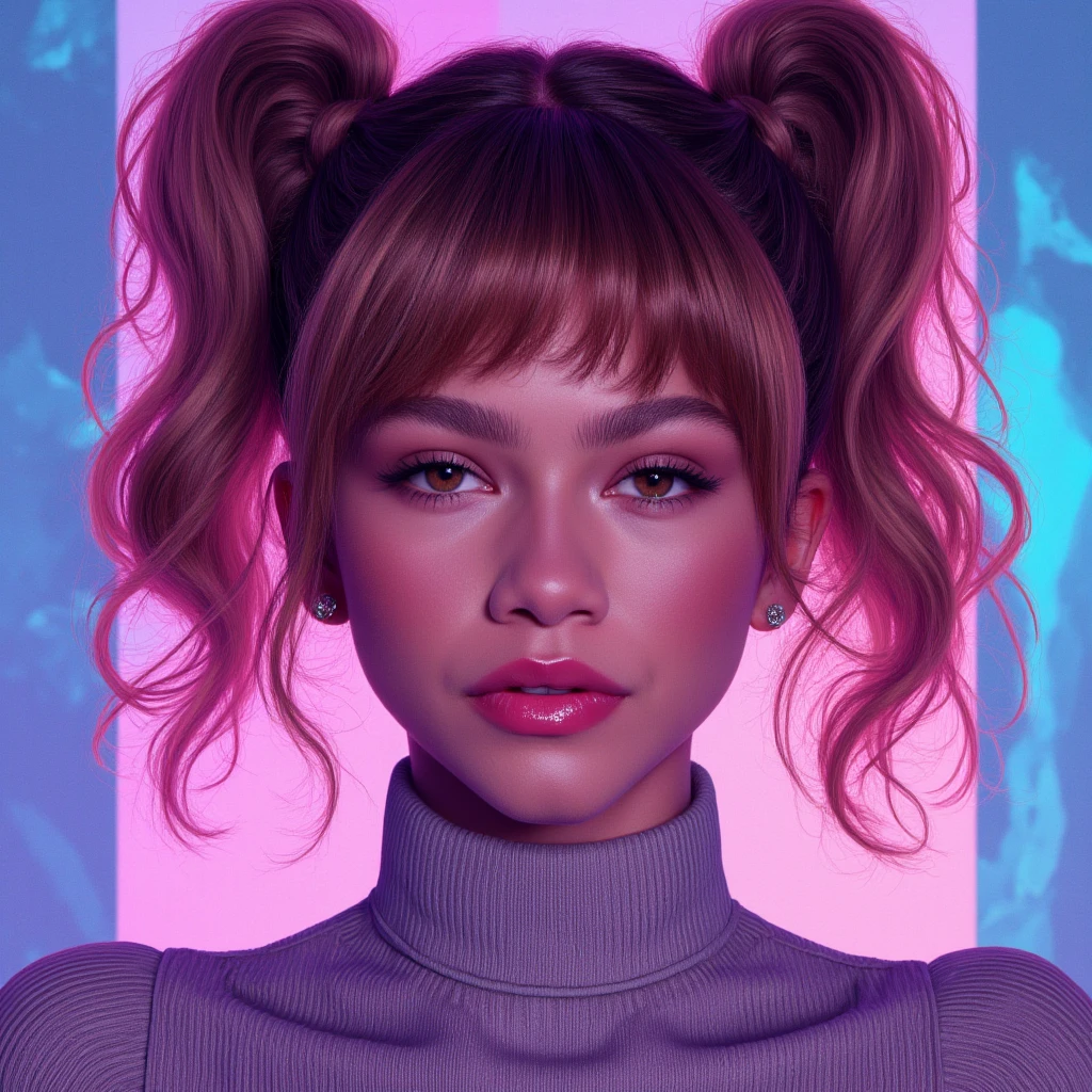 Vaporwave style. Art by Lois Van Baarle. Waist-up 25-year-old girl with and space buns. Retro aesthetic, cyberpunk, vibrant, neon colors, vintage 80s and 90s style, highly detailed, graphic illustration, graphic novel art, vibrant, cover art, dreamy, vector illustration, 2d flat, centered, by Tim Burton, professional, sleek, perfect composition, beautiful detailed intricate insanely detailed octane render trending on artstation, 8k