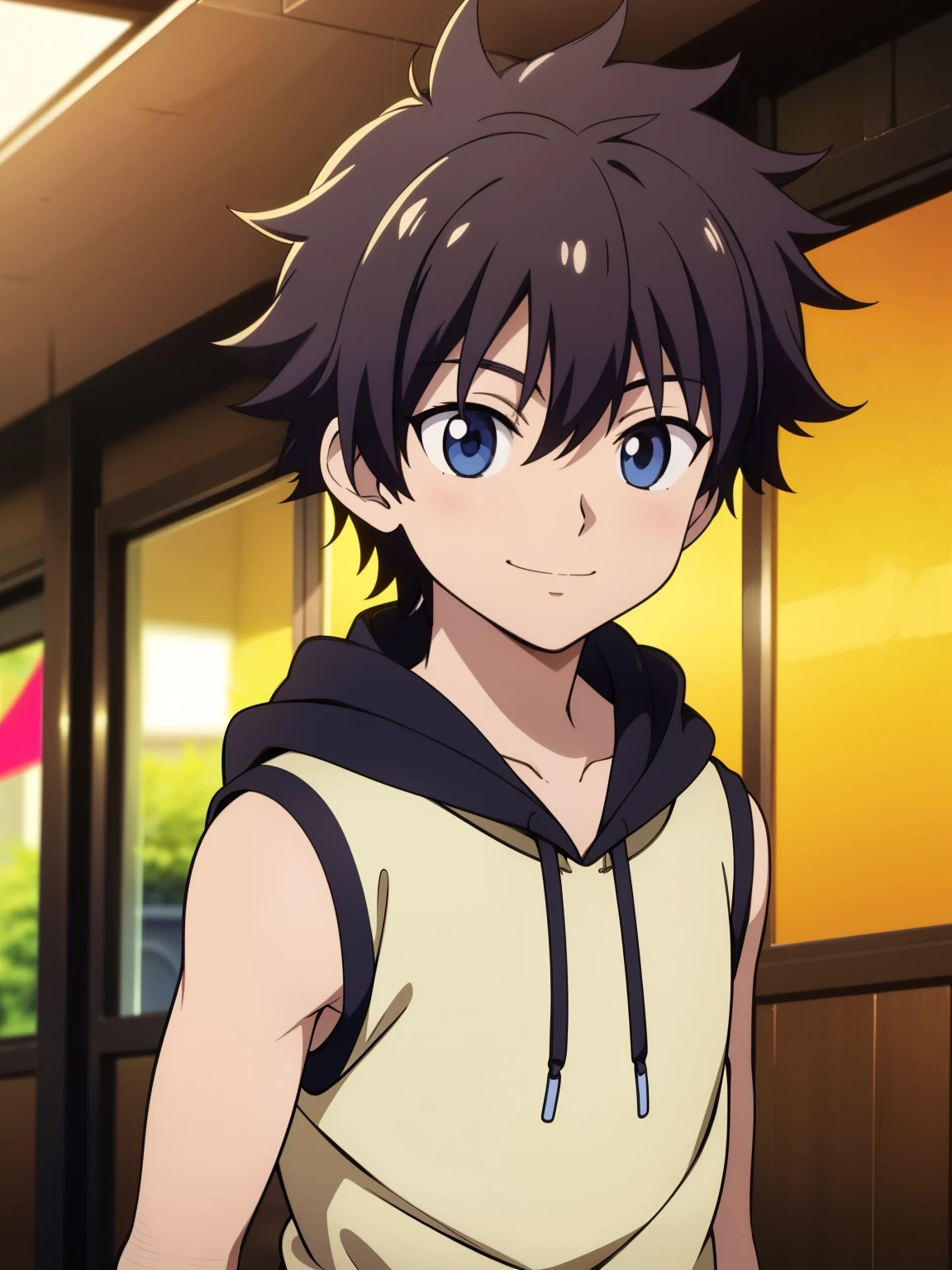 Highres, Masterpiece, Best quality at best,Best Quality,hight quality, hight detailed, 1boy, Shota, messy hair, upper body, Depth of field, Anime Screencap Style, Sleeveless hodie, Looks like an playfull boy, Seen from front, look good boy, Cute boy, smile, (very small and short stature), (very young boy), boys, bokeh, Blurry beckground