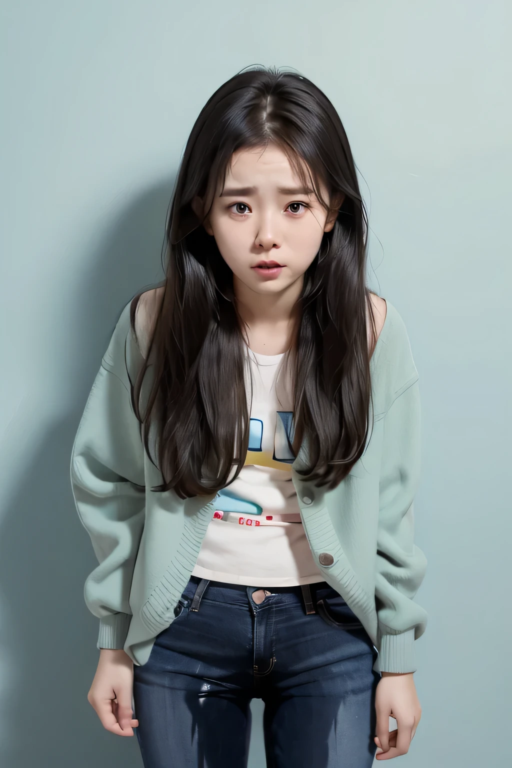 weak adult Chinese girl，Tears，cry，I peed my pants ， tears in the corners of the eyes。Underwear。 solid color background。