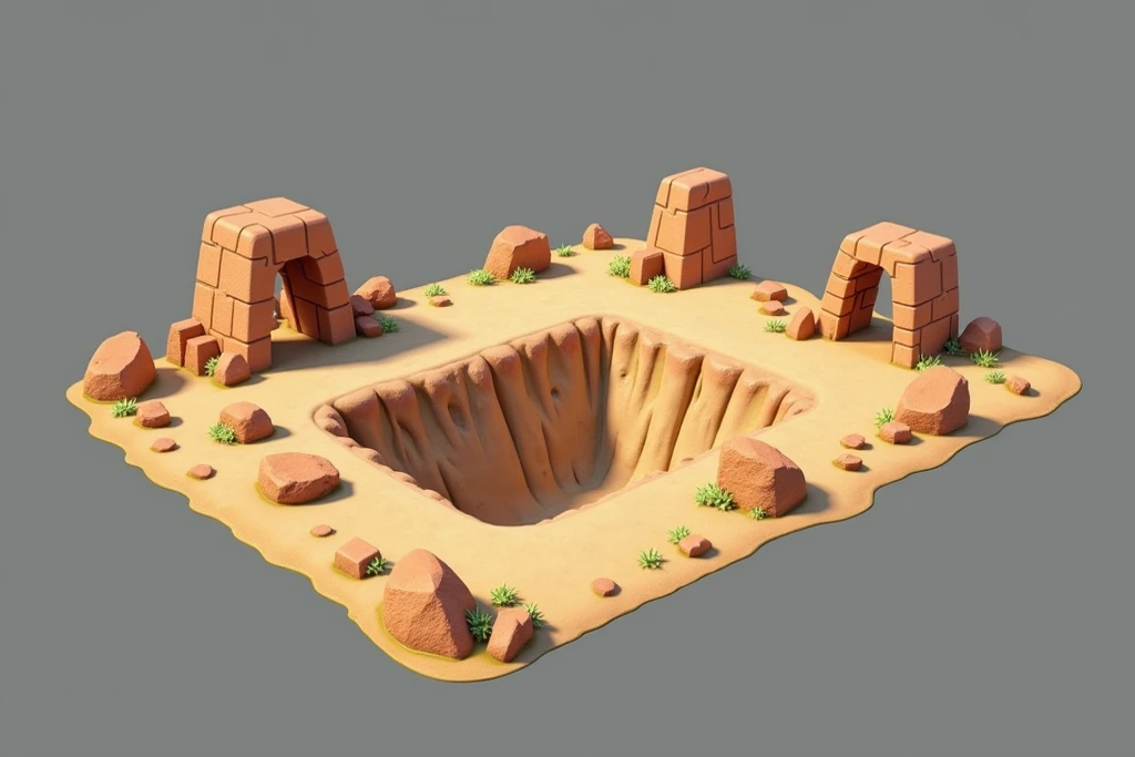 Renderização 3D, game dev referência 3D apresentada em fundo branco fosco como set 3D, Create a scene mostragem completa with a diameter of 200 meters, full view, some small rocks around it, and then, closer to the center, add small stones of various shapes that outline a ravine with a depth of 4 meters. Game dev geometry, high detail, terracotta texture and moss green spots in nuance with the soil in the ravine formations. Highly realistic real-world textures