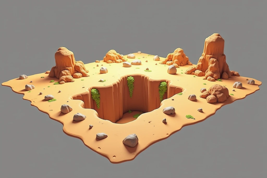 Renderização 3D, game dev referência 3D apresentada em fundo branco fosco como set 3D, Create a scene mostragem completa with a diameter of 200 meters, full view, some small rocks around it, and then, closer to the center, add small stones of various shapes that outline a ravine with a depth of 4 meters. Game dev geometry, high detail, terracotta texture and moss green spots in nuance with the soil in the ravine formations. Highly realistic real-world textures