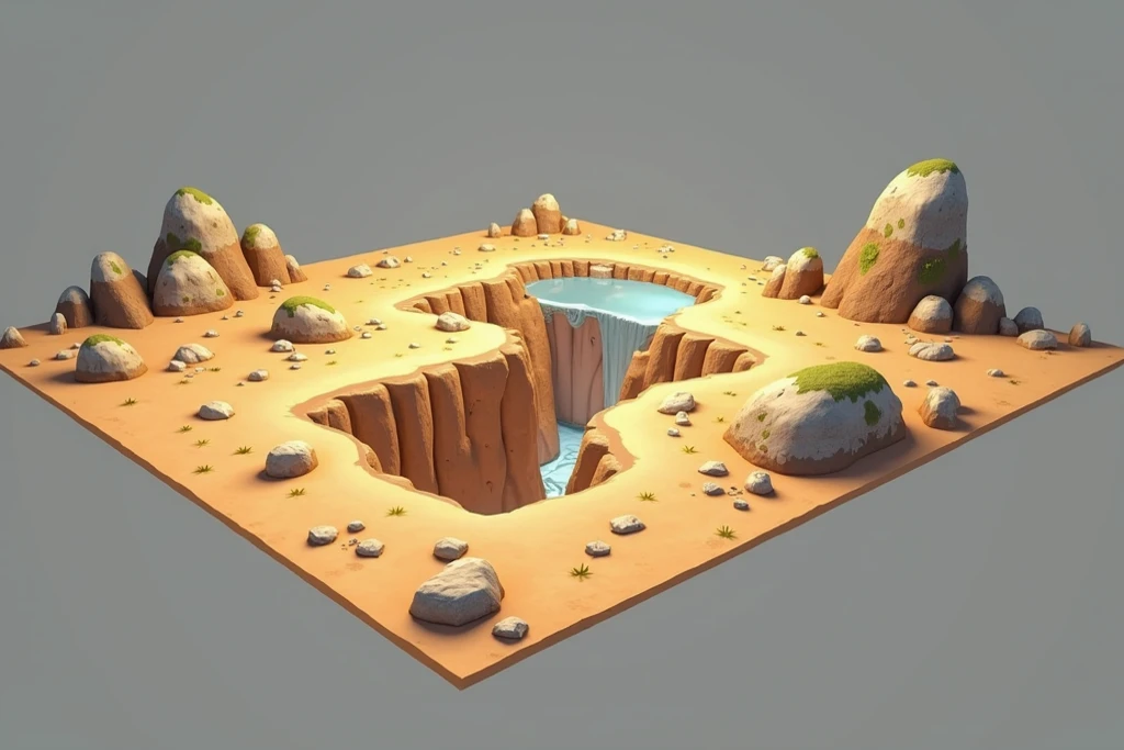 Renderização 3D, game dev referência 3D apresentada em fundo branco fosco como set 3D, Create a scene mostragem completa with a diameter of 200 meters, full view, some small rocks around it, and then, closer to the center, add small stones of various shapes that outline a ravine with a depth of 4 meters. Game dev geometry, high detail, terracotta texture and moss green spots in nuance with the soil in the ravine formations. Highly realistic real-world textures