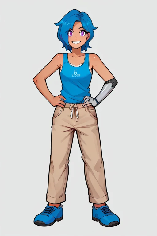 Anime, score_9, score_8_up, score_7_up,BREAK, 1girl, Tari, Blue tanktop, tan pants, Mechanical Arm, Blue Hair, Purple Eyes, smile, hands on hips, blue shoes, 