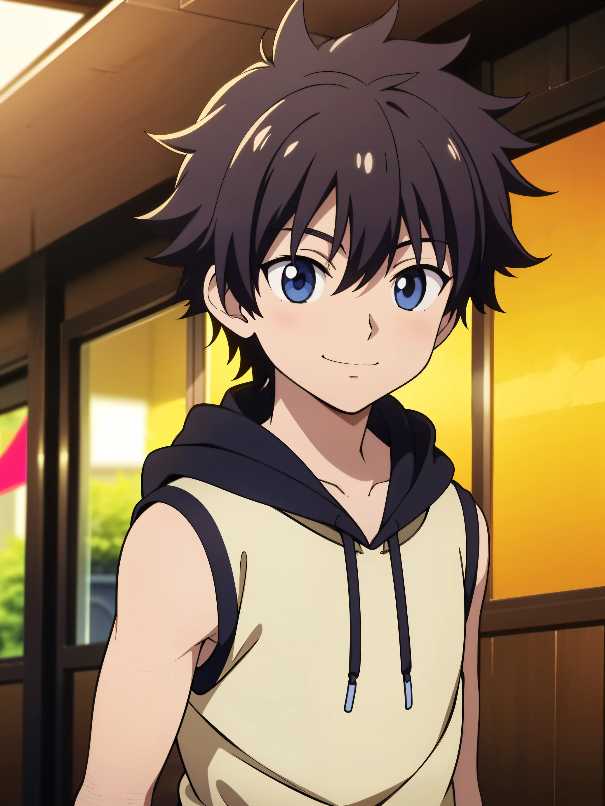 Highres, Masterpiece, Best quality at best,Best Quality,hight quality, hight detailed, 1boy, Shota, messy hair, upper body, Depth of field, Anime Screencap Style, Sleeveless hodie, Looks like an playfull boy, Seen from front, look good boy, Cute boy, smile, (very small and short stature), (very young boy), boys, bokeh, Blurry beckground