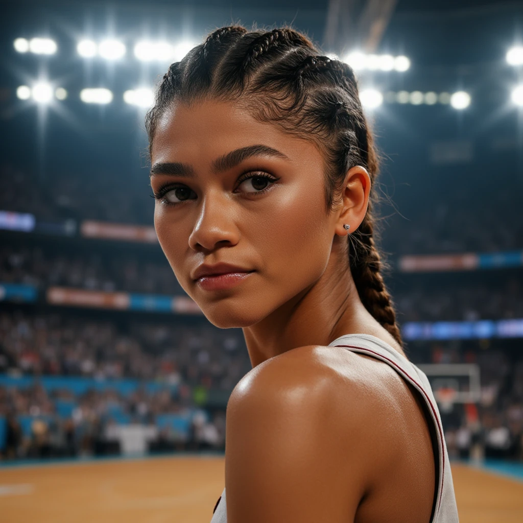 (zendaya:1.3) Sporty Pretty girl, high quality, young pretty face, volleyball player, high details hair, skin texture, perfect body posture, short hair,  surround by arena background, dramatic lighting,  Cute, 
