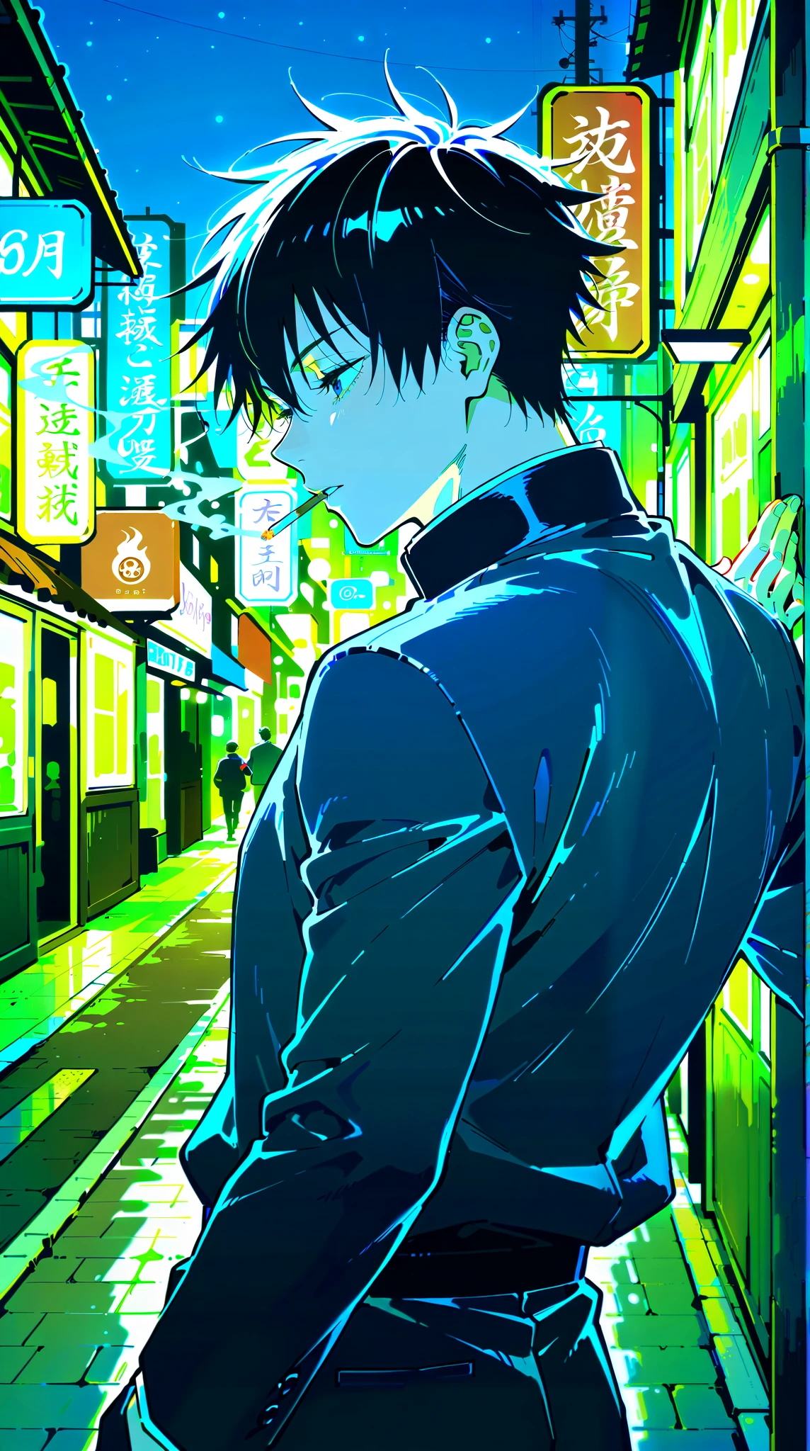 Man,alone,Satoru Gojo,jujutsu kaisen,Create a digital art style pop art, street fashion, create digital art work in cinematic colors, vibrant brush strokes, emotions must be dynamic, upper body part, smoking, shape, tropical, Japanese town, night,best quality,high quality,super detail,high details