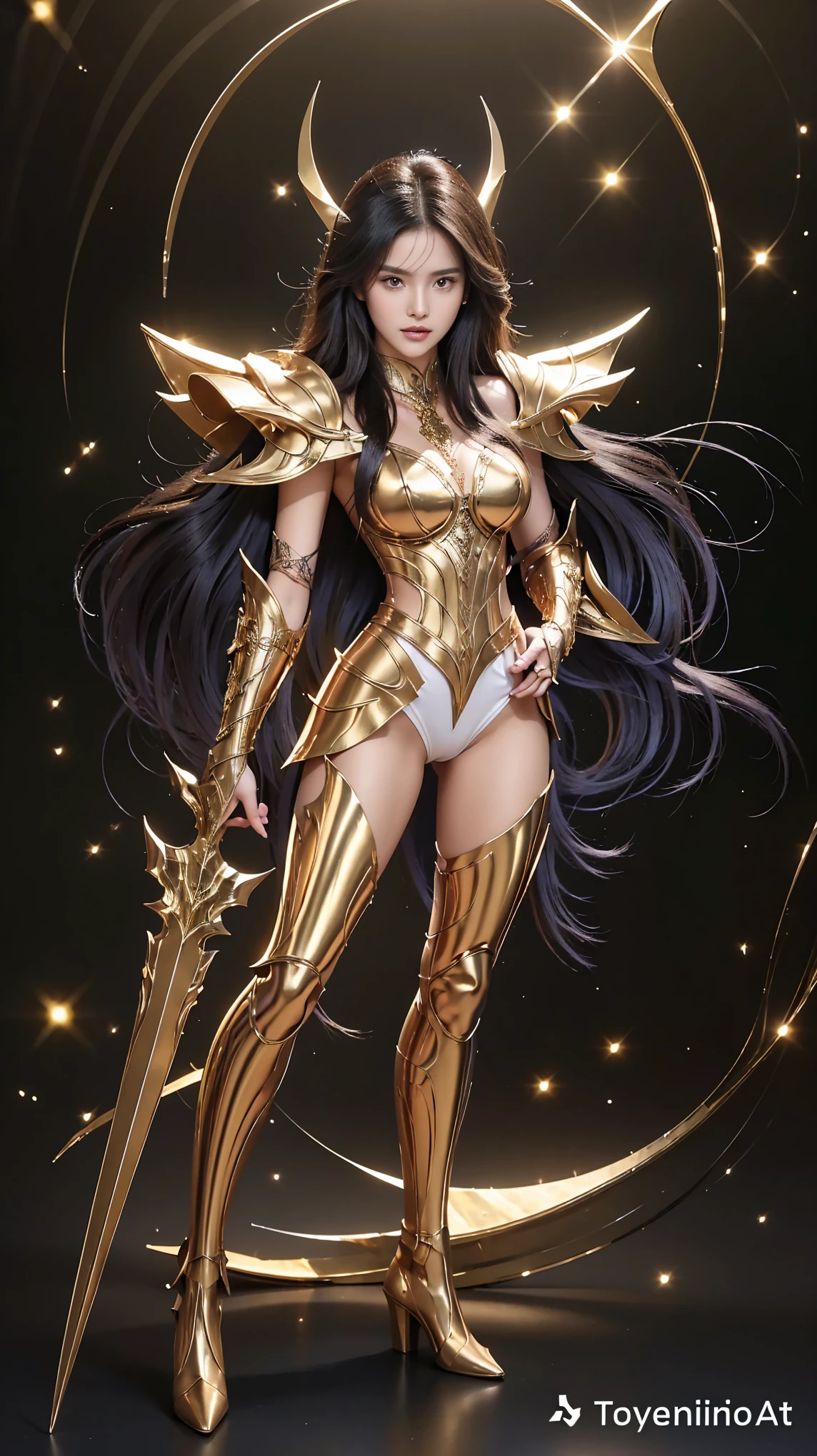The depiction of a fierce and beautiful female warrior, large breasts, a curvy sexy body, a sexy stomach, a sexy waist, an exposed midriff, smooth thighs, in black and gold armor, shiny black armor, reflective, and intricately designed. Her outfit has neat edges, intricate detailed carvings, and a glossy black surface, covering her shoulders, arms, and body, with a sleek and elegant style. Her facial features are smooth yet strong, with sharp eyes and wavy shoulder-length hair that flows naturally. He stands confidently in a heroic pose, ready for battle, with the ruins of ancient Roman buildings in the background and an expression full of determination. The overall tone is epic and grand, evoking a sense of strength and elegance.