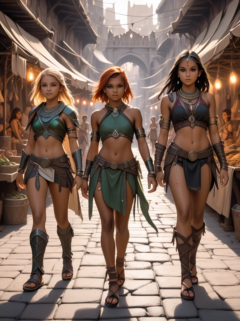 A photorealistic 4K image of a diverse group of three superhuman women, each exuding power and mystique, standing together in a surreal, otherworldly landscape. The scene is cinematic, blending tribal elements with futuristic design, showcasing their unique, detailed outfits inspired by tribal aesthetics and advanced technology.

The first woman, with braided blonde hair adorned with glowing ornaments, wears an ornate, golden outfit featuring intricate tribal patterns and futuristic accents. Her dress is adorned with bioluminescent symbols that pulse with energy, and her accessories, including a glowing tiara and earrings, add to her regal, ethereal presence.

The second woman, with dark skin and glowing tattoos, is dressed in a deep purple outfit with silver tribal markings. Her attire is a blend of woven fabrics and metallic elements, giving her a warrior-like appearance. She stands tall, her eyes glowing with a supernatural light, symbolizing her connection to otherworldly forces.

The third woman, with deep red hair and cybernetic enhancements, wears an emerald green outfit that combines organic materials with high-tech components. Her bodysuit is detailed with glowing vines that wrap around her body, and her mechanical arm pulses with energy, representing the fusion of nature and technology.

The backdrop is a surreal, alien landscape with towering trees that glow softly, and floating orbs of light that illuminate the scene. The lighting enhances the mystical atmosphere, casting dramatic shadows and highlighting the intricate details of their clothing and expressions. The scene has a cinematic quality, as if captured from an epic, futuristic fantasy film.

[Lighting: Soft bioluminescent glow with dramatic shadows] [Camera: Wide-angle full-length shot] [Resolution: 4k, hyper-realistic] [Style: Tribal-futuristic fashion, surreal superhumans, cinematic fantasy] [Inspiration: Dune, Mad Max, Avatar].
