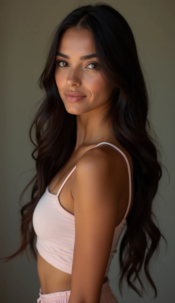 A realistic and anatomically accurate image of a 20-year-old Chilean woman. She has medium-toned skin, long dark hair, and expressive brown eyes. Her body proportions are natural and well-defined, with a healthy and athletic build. The image captures her in a neutral pose that can be easily modified, with a confident and relaxed expression. The background is simple and versatile, allowing for easy changes to different environments. The image is high-resolution, with detailed skin texture, natural lighting, and adaptable to various poses and settings.