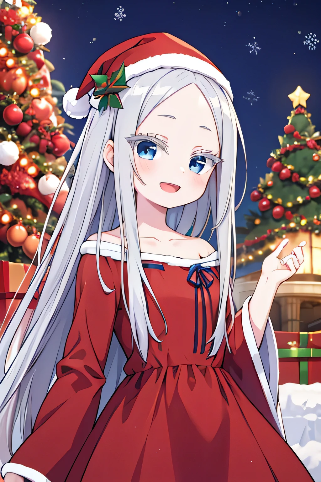 pandora, pddf, masterpiece, blue eyes, upper body, wearing red christmas dress, inside palace, open mouth, pose super happy, pony tail, long hair, xmas tree, xmas hat