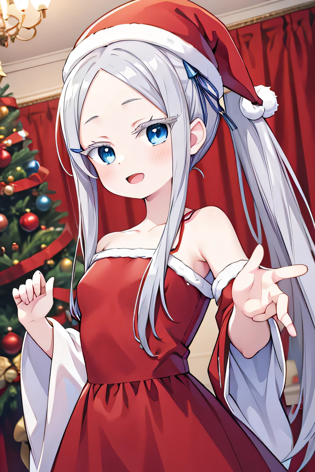 pandora, pddf, masterpiece, blue eyes, upper body, wearing red christmas dress, inside palace, open mouth, pose super happy, pony tail, long hair, xmas tree, xmas hat