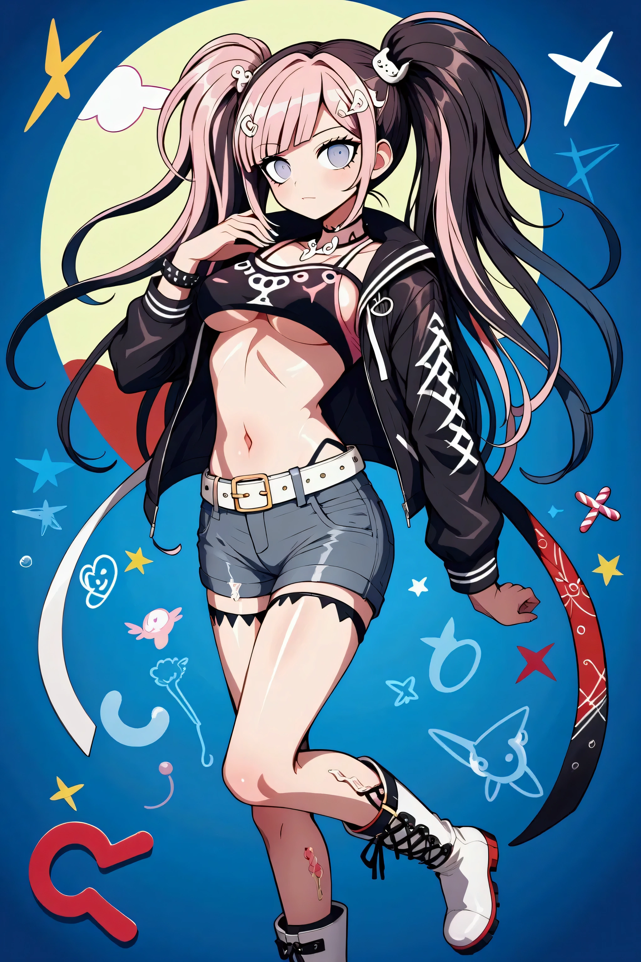  anime girl with pink hair and a pink shirt with drawings of two twin pigtails,  Hair ornaments , big, clear eyes, hair in the wind,  long white boots , long belt ornaments ,  cheerful and colorful background ,  and black shorts , anime  full body illustration , Chiaki Mi from Danganronpa,  Official Character Art ,  full body model of anime vtuber , candy girl,  candypunk character design ,  Full body individual character , Yayoi Kasuma, anime character,  full body illustration , Danganronpa digital art