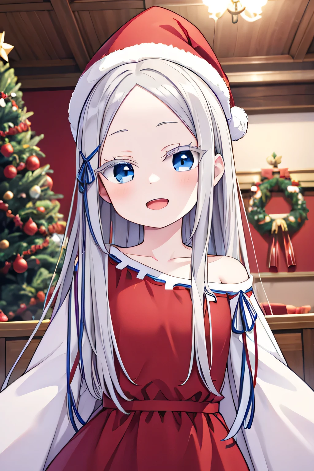 pandora, pddf, masterpiece, blue eyes, upper body, wearing red christmas dress, inside palace, open mouth, pose super happy, pony tail, long hair, xmas tree, xmas hat