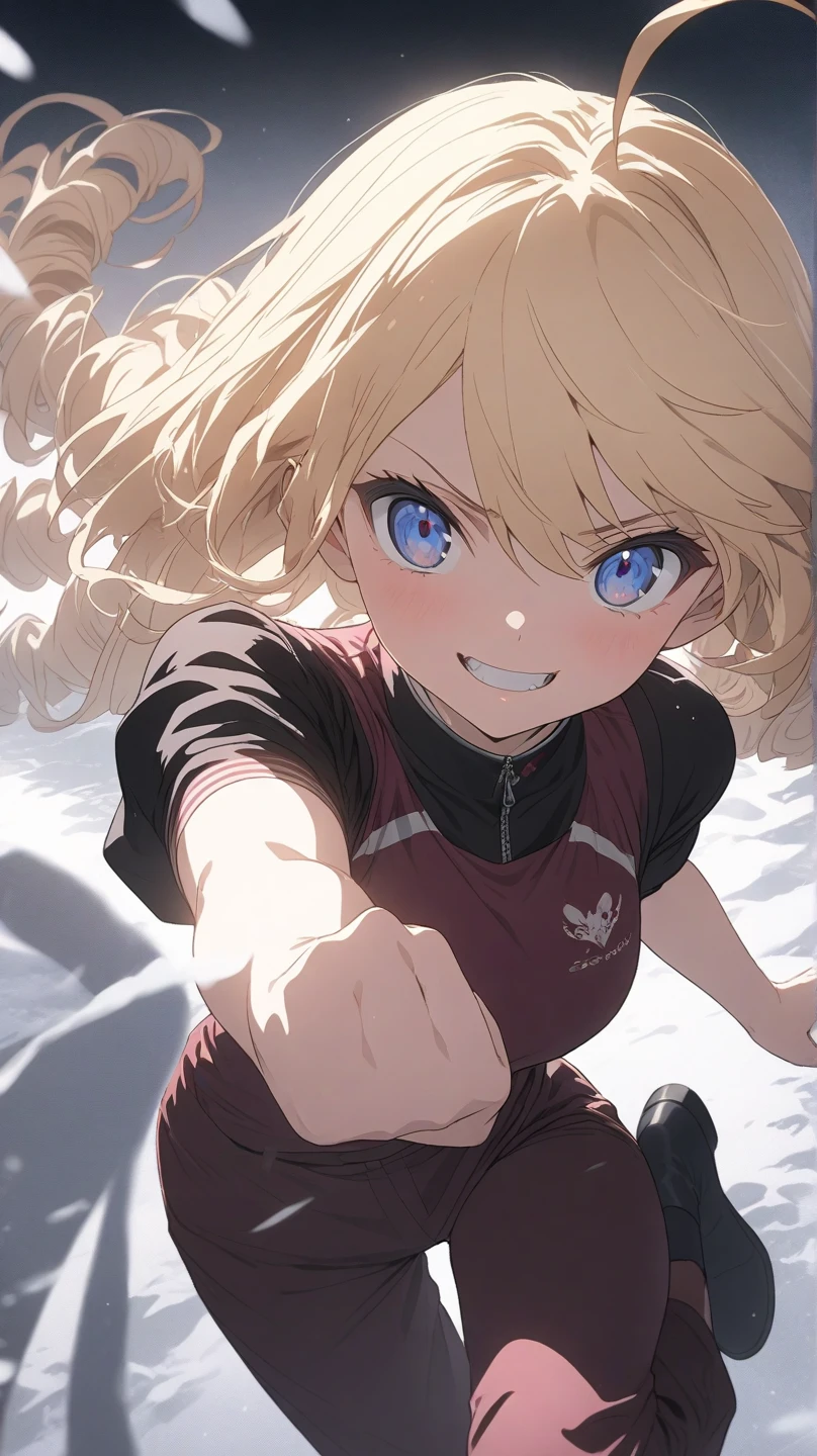 ultra-detailed, detailed face, Solo, a girl, blonde, long hair, drill hair, ahoge, blue eyes, slant eyes, narrow eyes, maroon sportswear long pants, maroon sportswear, Black platform boots, Black platform boots, grinning, neutral, expressionless, Mouth grinning, raised fist, a little white chinese Dragon, (A small white Chinese Dragon flies around the girl), white snow background with east asian architecture, anime, illustration, masterpiece, best quality, detailed, mystical atmosphere, pastel academia, soft-edged, soft surface, simple line drawing, aerial view, spot lighting, backlighting, moody lighting, underlighting, sharp shadows, fast shutter speed, 2D Anime, Best Hands, Best Hand, 135mm, F4.0, SONY FE GM, upper body,best hand 