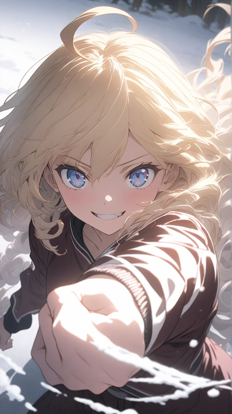 ultra-detailed, detailed face, Solo, a girl, blonde, long hair, drill hair, ahoge, blue eyes, slant eyes, narrow eyes, maroon sportswear long pants, maroon sportswear, Black platform boots, Black platform boots, grinning, neutral, expressionless, Mouth grinning, raised fist, a little white chinese Dragon, (A small white Chinese Dragon flies around the girl), white snow background with east asian architecture, anime, illustration, masterpiece, best quality, detailed, mystical atmosphere, pastel academia, soft-edged, soft surface, simple line drawing, aerial view, spot lighting, backlighting, moody lighting, underlighting, sharp shadows, fast shutter speed, 2D Anime, Best Hands, Best Hand, 135mm, F4.0, SONY FE GM, upper body,best hand 