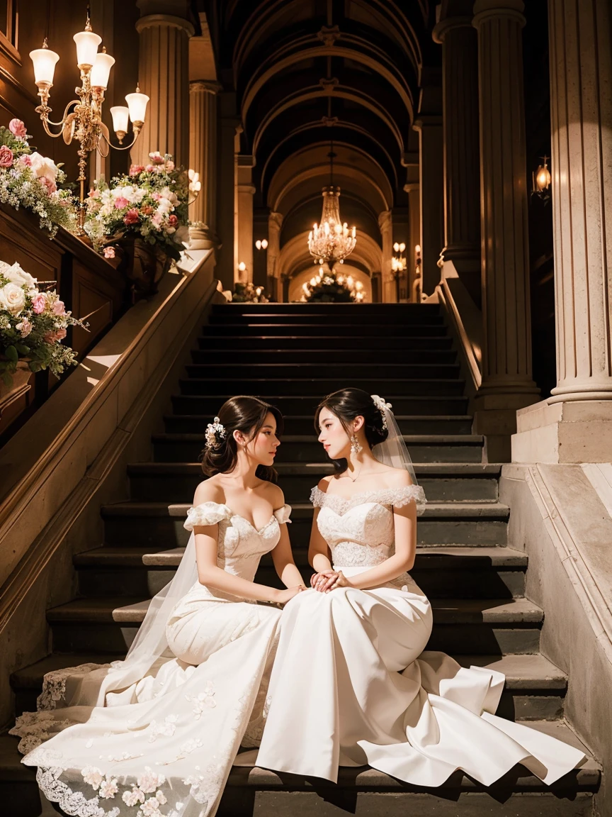 Heavy makeup,Beautiful Face,The Great Hall of the Castle,Highest quality,masterpiece,Ultra-high resolution,(Realistic:1.4),Xiuxian,arms,Detailed face,Two Girls,Cleavage,(magic circle:1.2),Xiuxian,Upper Body,beautiful girl,whole body,east asian building,sheath,Medieval dress,race