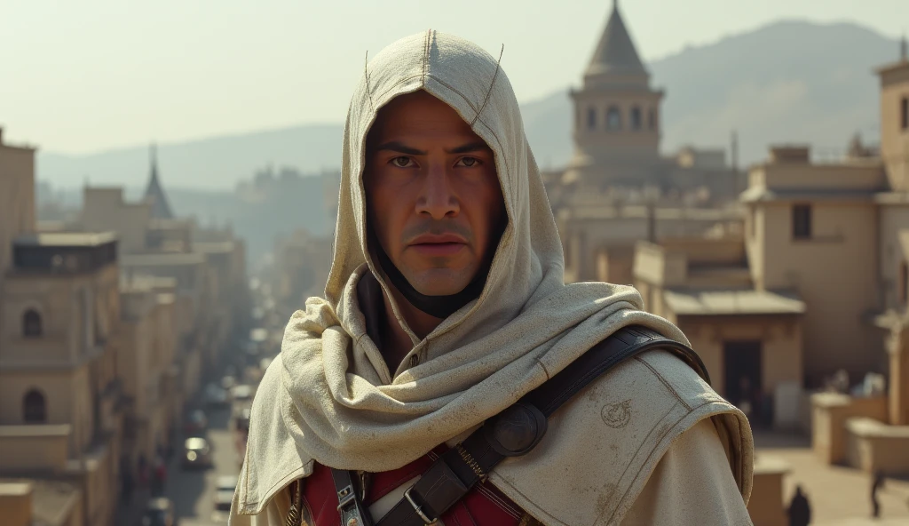 Keanu Reeves dressed in the Altair costume from Assassin's Creed