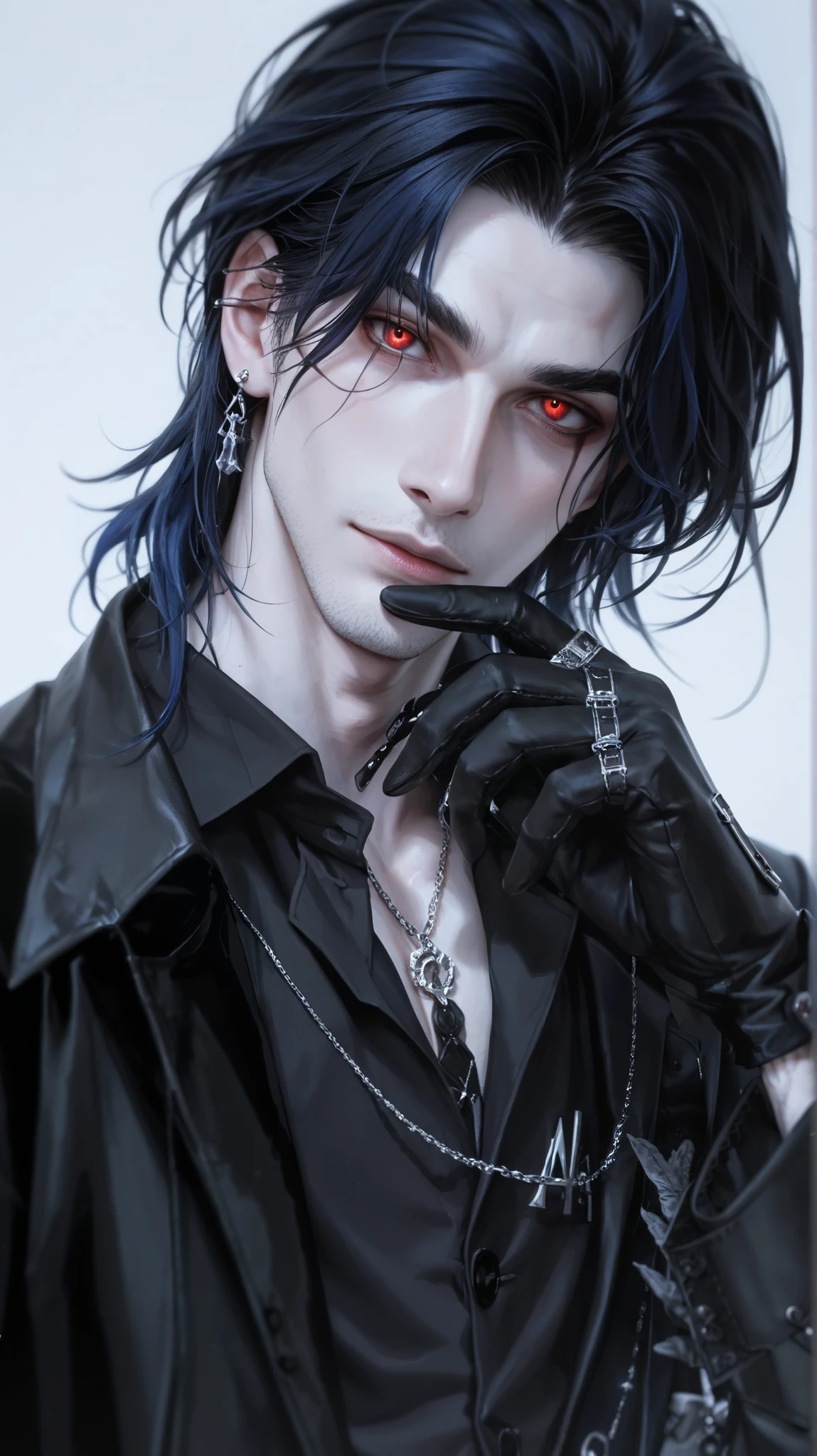 Cassian - male, pale skinned Hair: Wavy  dark blue hair
Toned , bulked body 6'3" 29 years old 
Eyes: Intense red eyes that add to his gothic appearance.

Build: Goth in appearance, giving him a mysterious and captivating aura. With suit and gloves, manly