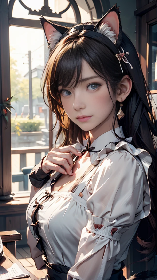 ulzzang-6500-v1.1,(raw photo:1.2), (photorealistic:1.4), beautiful detailed girl, extremely detailed eyes and face, beautiful detailed eyes, absurdres, incredibly absurdres, huge filesize, ultra-detailed, highres, extremely detailed, best quality, masterpiece, kemomimi, white sleeveless, emerald green skirt, illustration, extremely detailed , CG, unity ,8k wallpaper, Amazing, finely detail, best quality, extremely detailed CG unity 8k wallpaper, light on face, cinematic lighting, 1girl, ribbon
