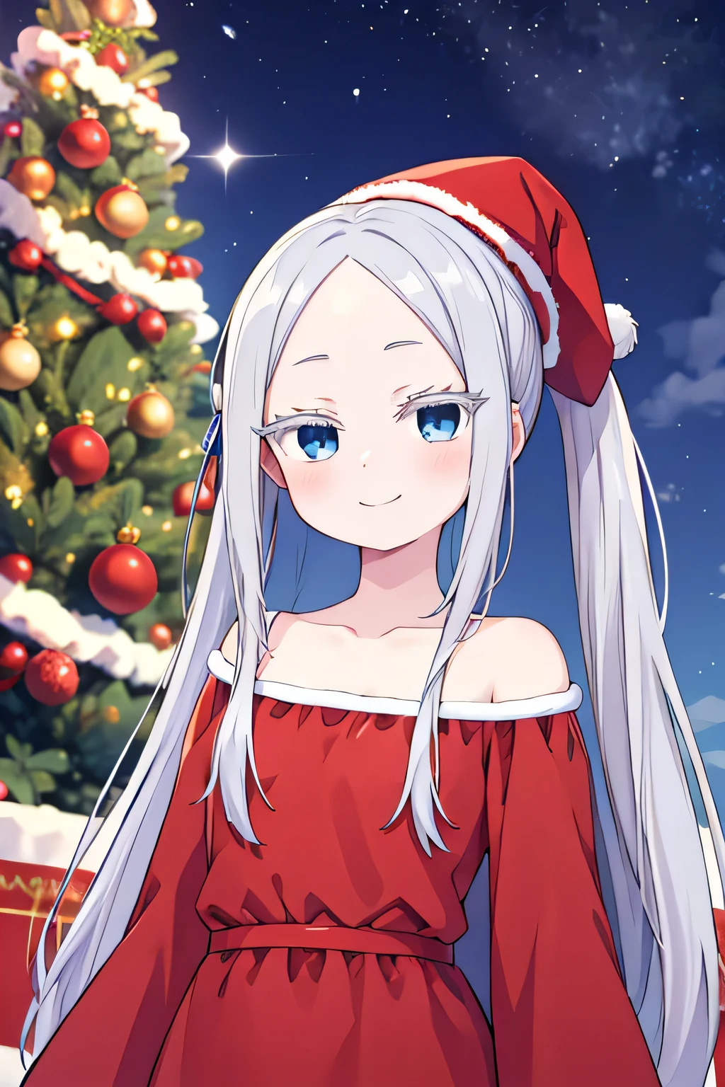 pandora, pddf, masterpiece, blue eyes, upper body, wearing red christmas dress, inside palace, smile, pose super happy, pony tail, long hair, xmas tree, xmas hat, full red dress, cute