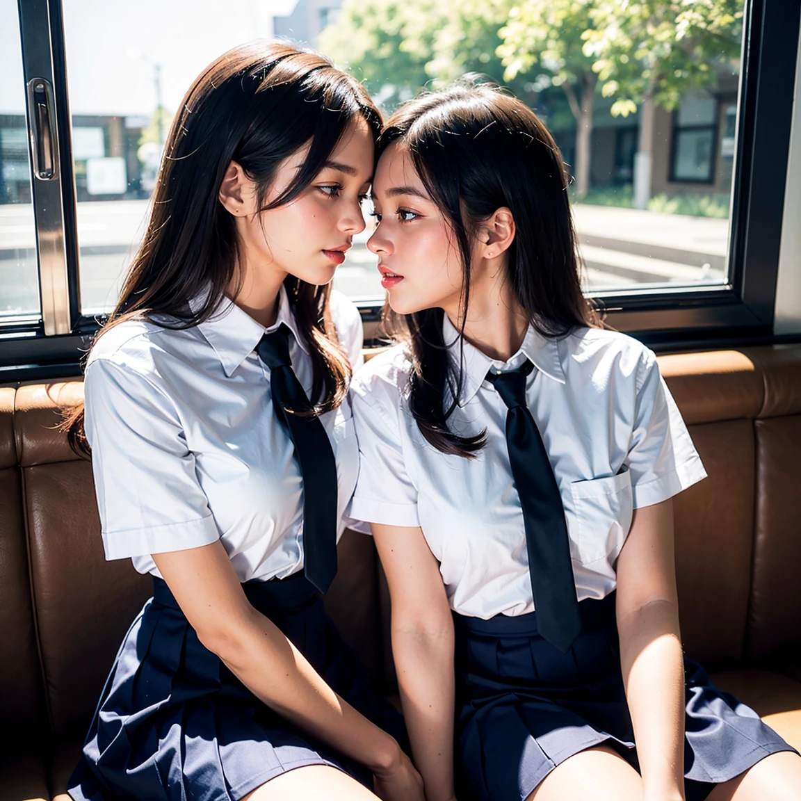 (masterpiece, best quality:1.2), 8k, 15yo, 85mm, official art, raw photo, absurdres, white dress shirt, pretty face, close up, upper body, violaceaess, gardeniass, beautiful girl, , (navy pleated skirt:1.1), cinch waist, thighs, short sleeve, in train, sitting on bench seat, looking at viewer, no makeup, (smile:0.4), film grain, chromatic aberration, sharp focus, facelight, clear lighting, teen, detailed face, bokeh background, (dark red necktie:1.1), perfect anatomy, (two young girls is deeply in love with each other, kiss:1.3)