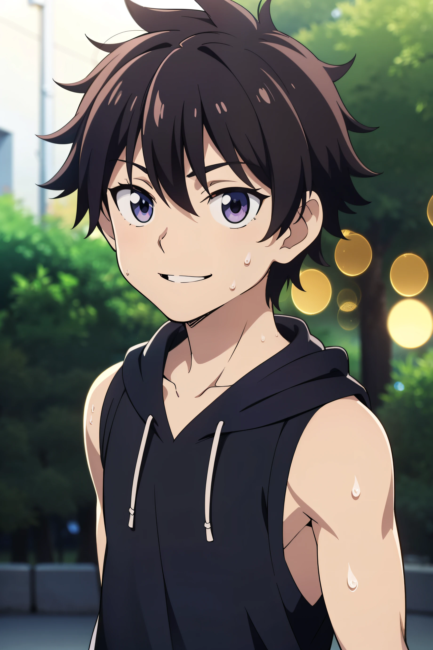 Highres, Masterpiece, Best quality at best,Best Quality,hight quality, hight detailed, 1boy, Shota, messy hair, sweat, upper body, Depth of field, Anime Screencap Style, Sleeveless hodie, Looks like an cheerful boy, Seen from front, look good boy, Cute boy, smile, (very small and short stature), (very young boy), boys, bokeh, Blurry beckground