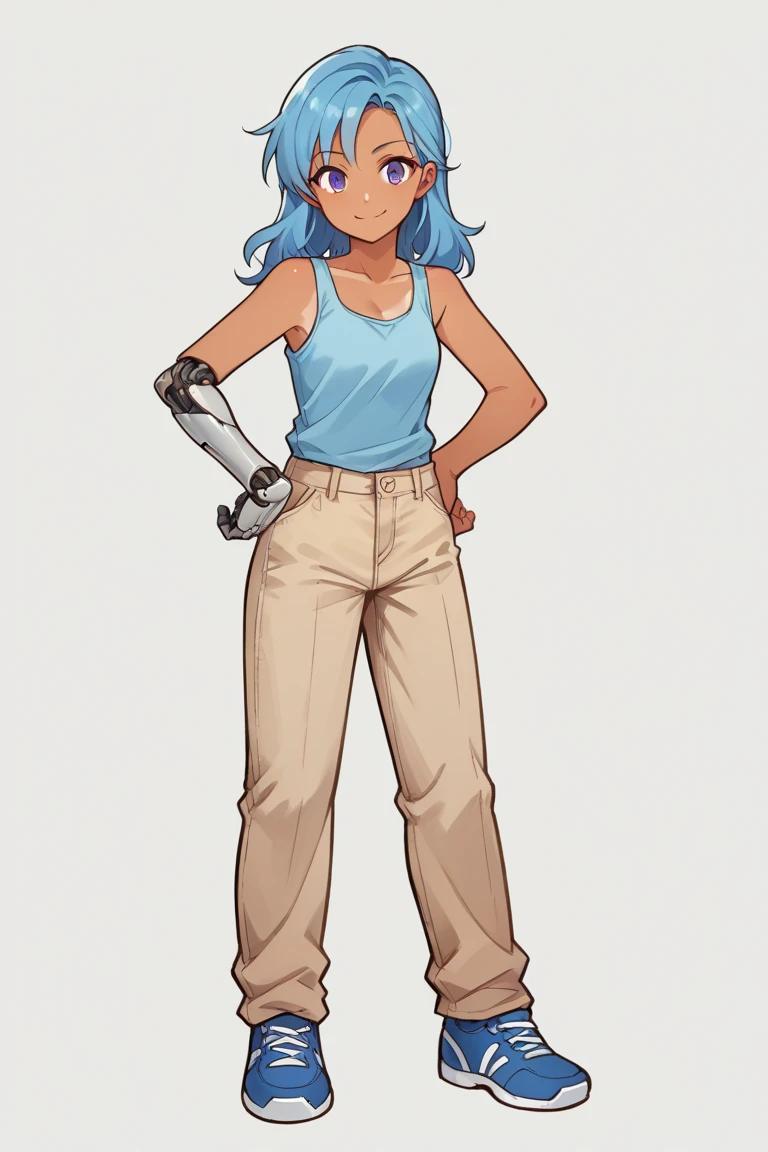 Anime, score_9, score_8_up, score_7_up,BREAK, 1girl, Tari, Blue tanktop, tan pants, Mechanical Arm, Blue Hair, Purple Eyes, smile, hands on hips, blue shoes, 